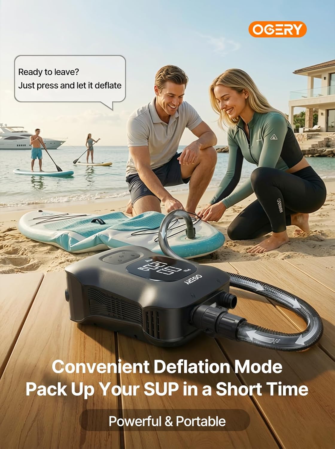 OGERY Paddle Board Electric Pump, Inflates 4.5 SUPs Long-Lasting Battery, 20PSI SUP Pump with 65W Power Bank, Auto-Off Dual Stage Inflation & Deflation, Rechargeable Air Pump for Sup Kayak Boat Tent