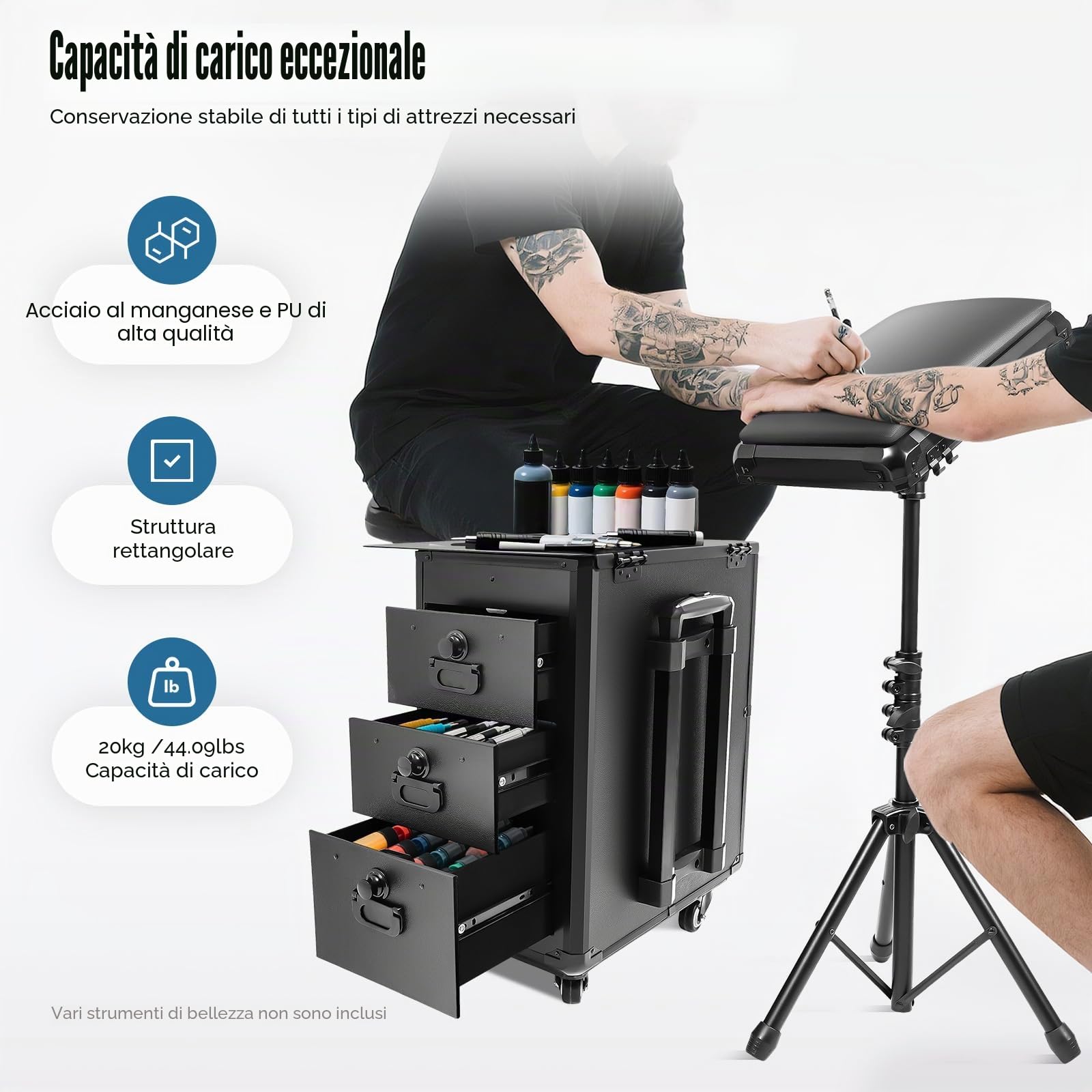 Valigetta cosmetica trolley con braccioli e lamiera metallica, per tatuaggi con 3 cassetti, per trucchi professionali, da tavolo per tatuaggi, da donna, con ruote