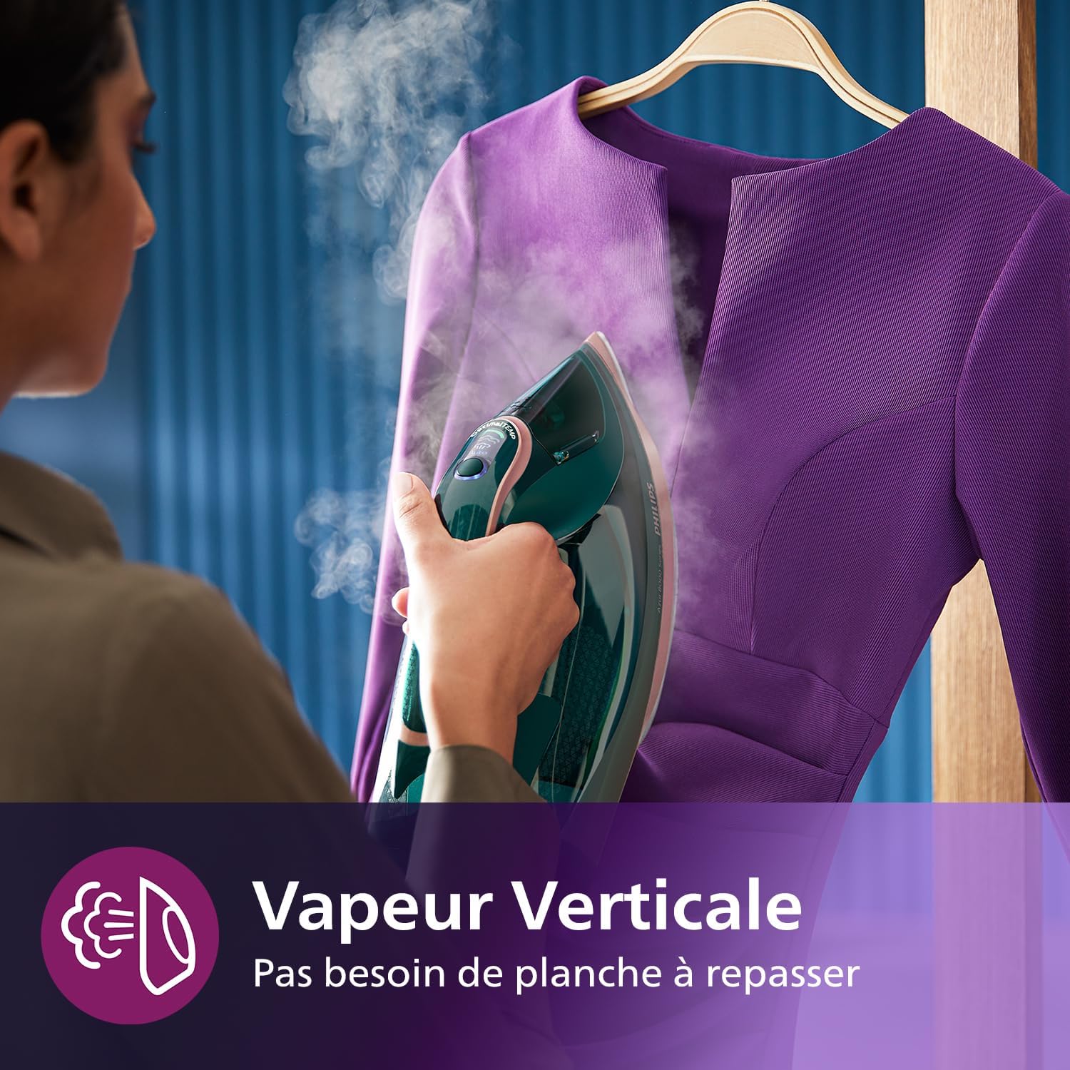 Philips Azur 8000 Series iron being used for vertical steaming on a purple jacket