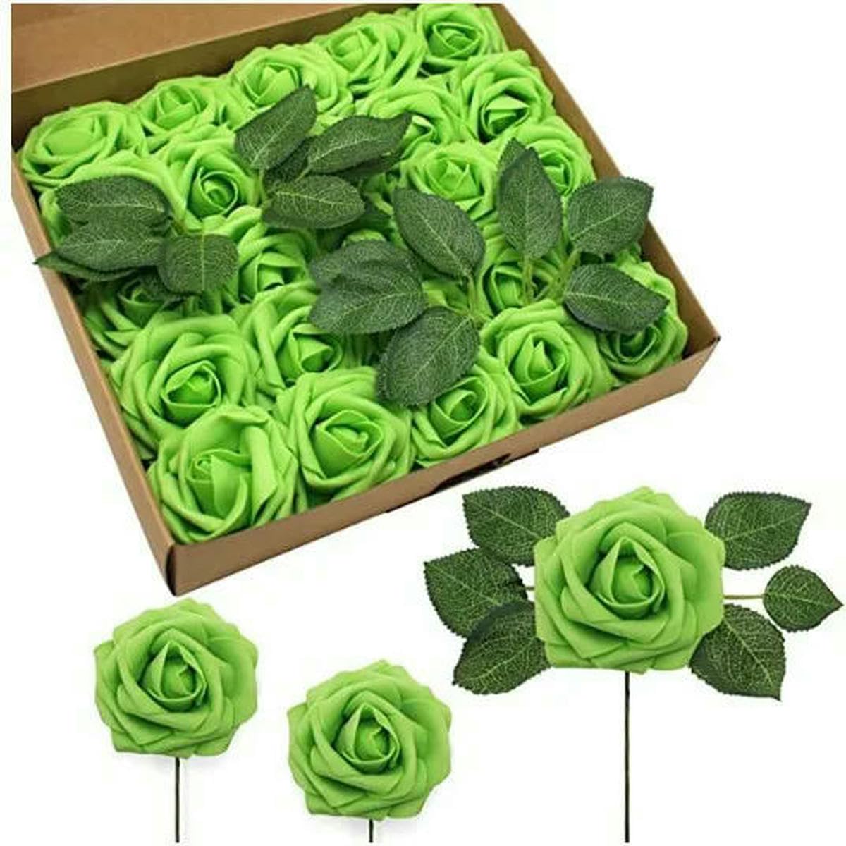 AYHTUD 10~100pcs Rose Artificial Flowers Foam Fake Roses Wedding Bouquets Centerpieces Mothers Day Valentines Party Decoration-green-15pcs no box leaves
