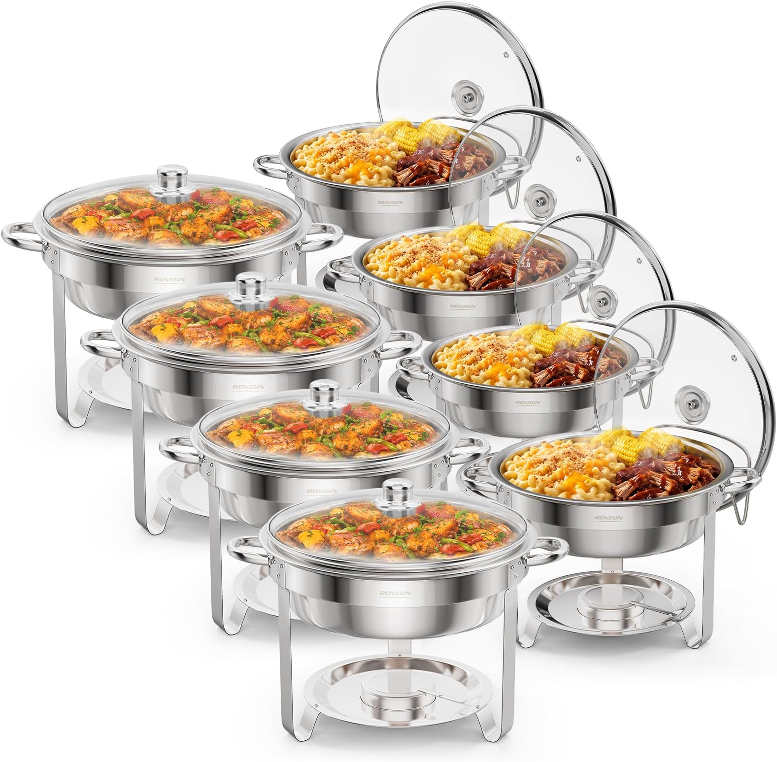 ROVSUN 5 Qt 8 Pack Chafing Dishes for Buffet, Stainless Steel Round Chafers for Catering, Buffet Servers and Warmers Set with Glass Lid & Lid Holder, Stackable Design for Wedding Party Event