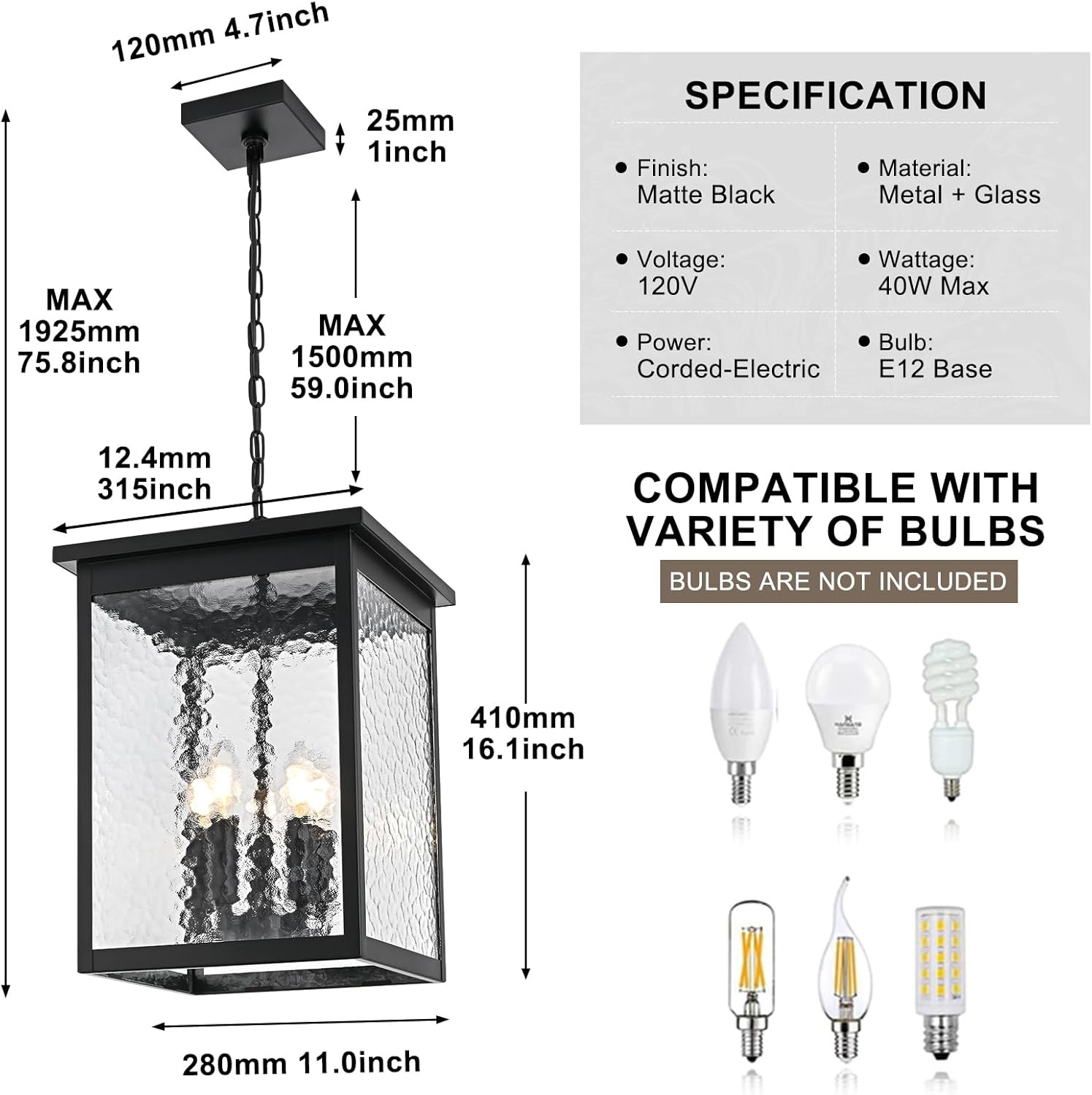 5-Light Black Large Outdoor Pendant Light Fixture, Adjustable Height Outside Hanging Porch Lighting, Exterior Ceiling Mount Lamp with Hammered Glass Panel, E12 Bulb Base