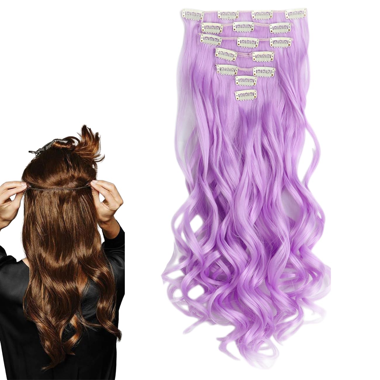 prinfantasy Hair Extensions Clip in Long Natural Curly Purple Hair Extension Full Head Thick Clip in Hair Synthetic Hair Pieces for Women MW099