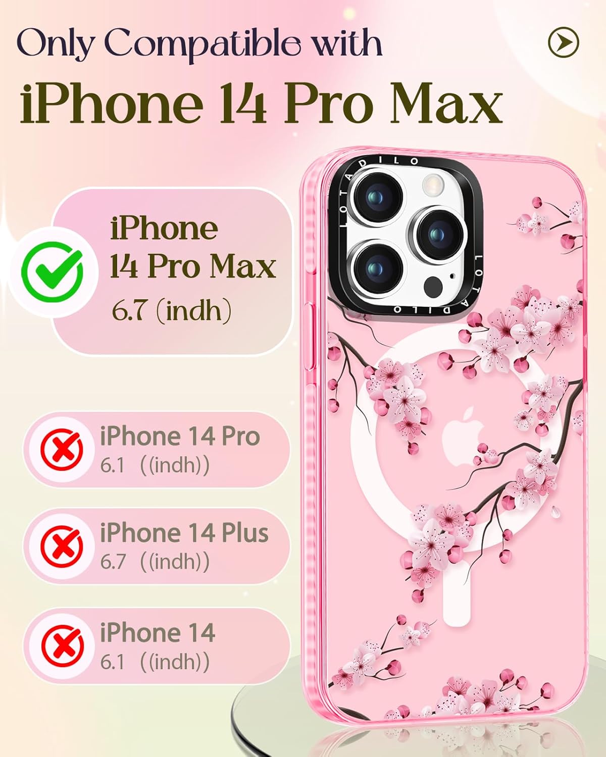 for iPhone 14 Pro Max Case for Women - Cute Design Girls Compatible with Magsafe Magnetic Ring Holder Stand Peach Blossom Phone Covers Aesthetic Girly TPU Funda for 14 Pro Max - Image 2