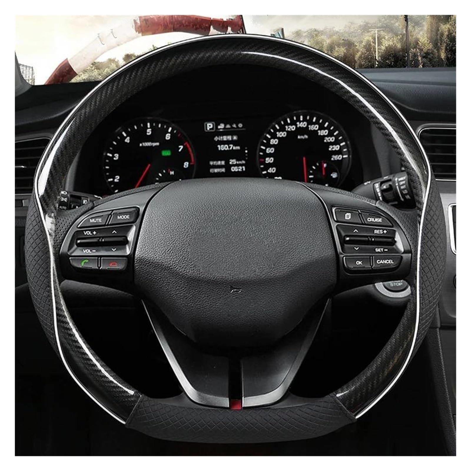 Pokrowiec na kierownicę w kształcie litery D, 38 cm, ze skóry i włókna węglowego, do Hyundai Elantra 4 Sport (2015-2019), kolor czerwono-brązowy.