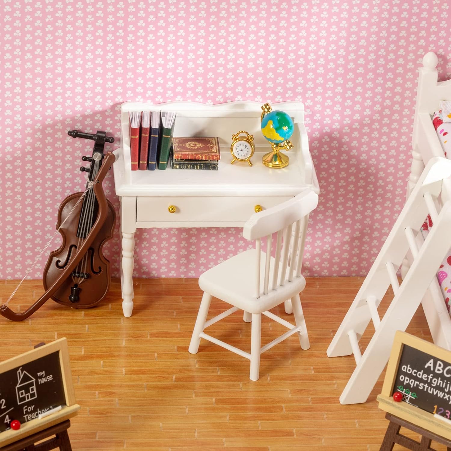 SAMCAMI Miniature Dollhouse Furniture 1 12 Scale - Wooden Dollhouse Bed Set - Doll House Furniture Toys Incl Doll Bed, Desk, Books, blackboards and Other Dollhouse Accessories