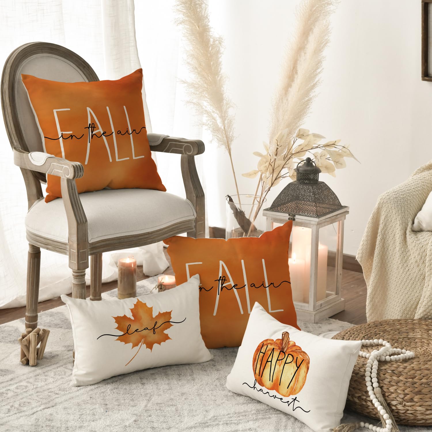 2er-Set Outdoor-Kissenbezüge „Hello Pumpkin“ – Wasserabweisend, 45,7x45,7 Cm, Herbstdesign Mit Kürbissen & Ahornblättern