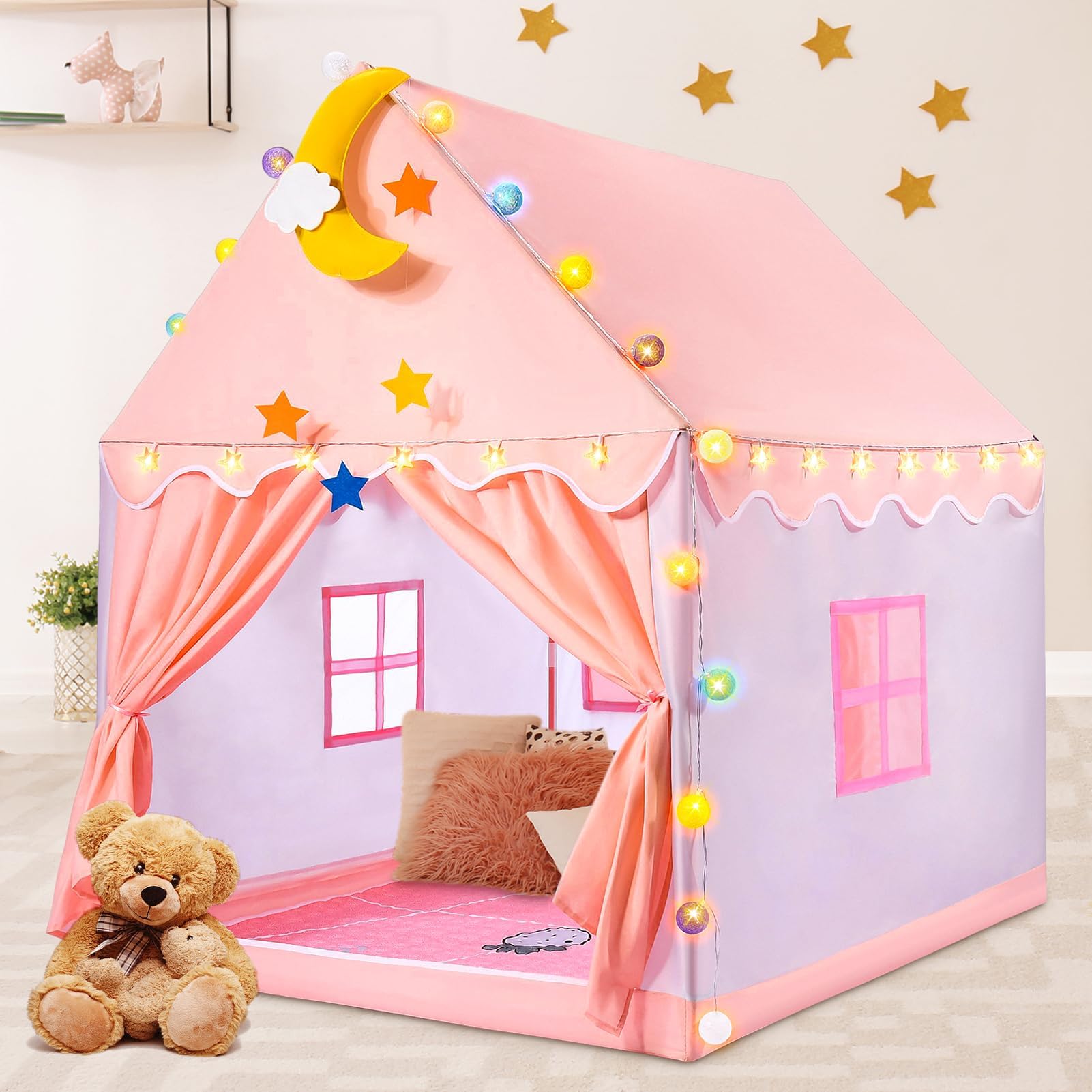Kids Play Tent: Kids Tent For Toddlers Girls, Kid Tents With Mat/Star Lights, Tents For Kid Indoor Playhouse, Princess Gifts For Girls Toys Gifts For 3 4 5 6 7 Year Old Girl