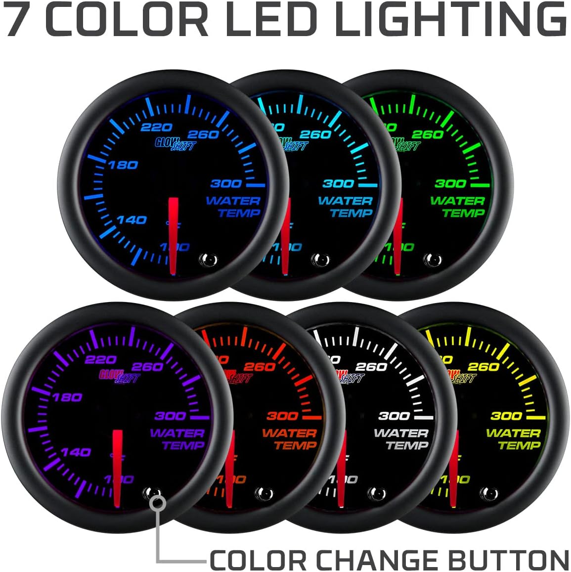 GlowShift Tinted 7 Color 300F Water Coolant Temperature Gauge Kit - Includes 1/8-27 NPT Electronic Sensor & Wiring - Multi-Color Display - Black Dial - Smoked Lens - for Car & Truck - 2-1/16" 52mm