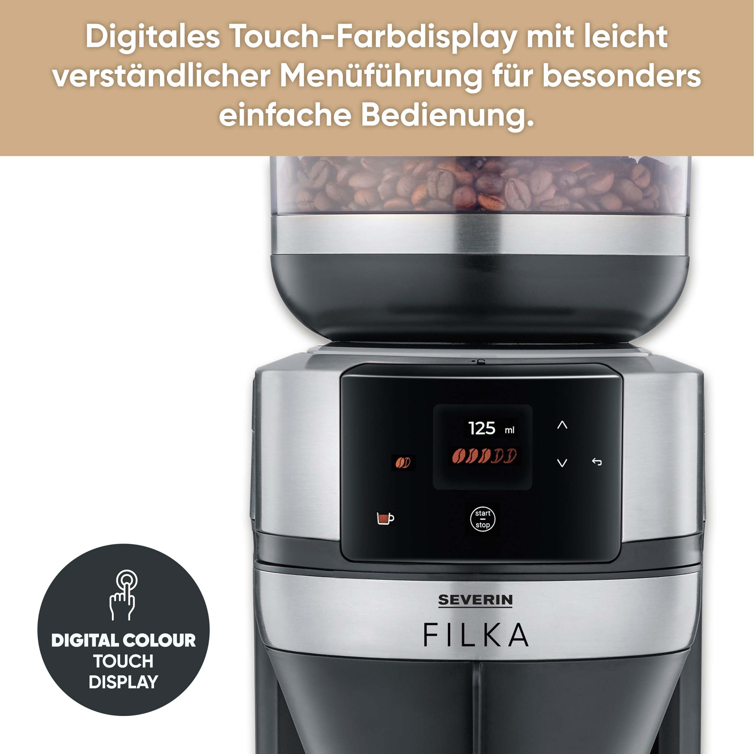 Severin Vollautomat für Filterkaffee, Mahlwerk, 5 Kaffeestärken, 100-350ml, 5-in-1 Filterkaffeemaschine, LED-Display, Warmhaltefunktion, Thermokanne, Filka, schwarz-matt, Edelstahl, KA 4853