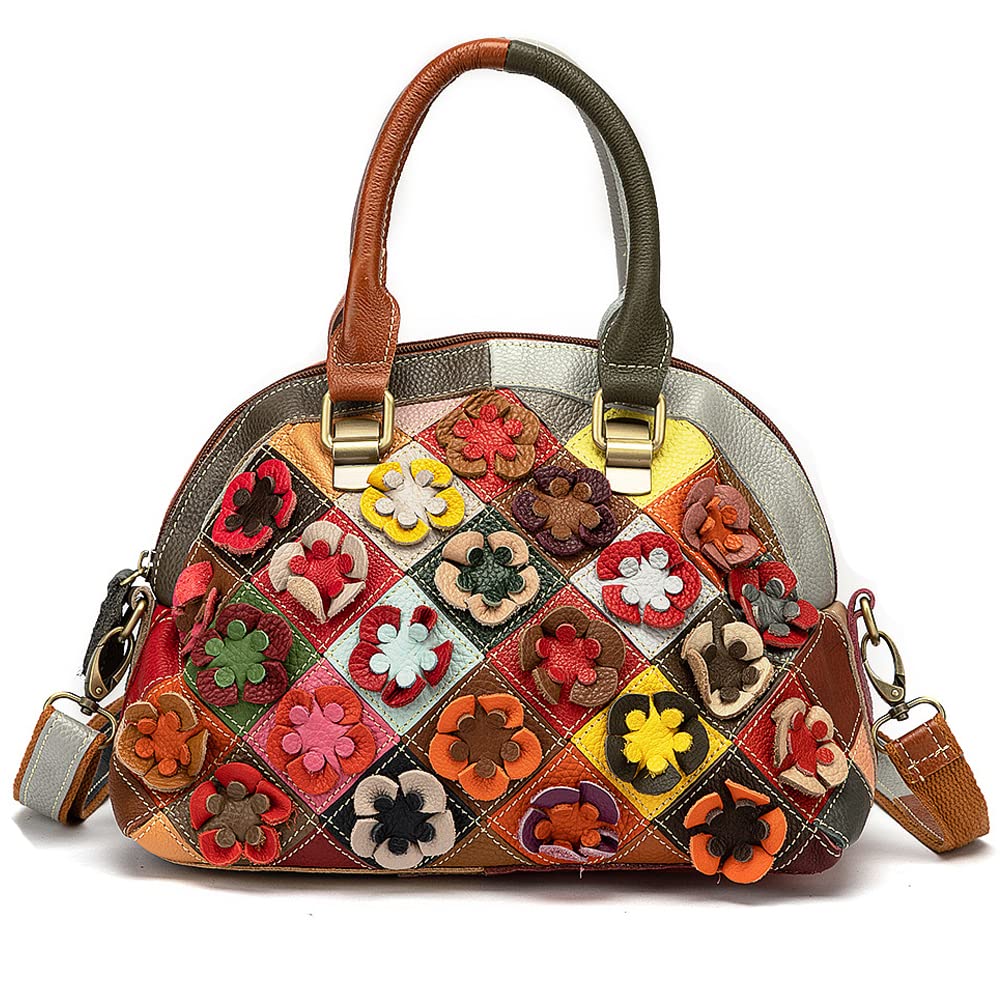 Downupodwn Dome Satchel Bag for Women Genuine Leather Top Handle Handbags 3D Floral Purse Tote Bags Crossbody Shoulder Bag -Multicolour
