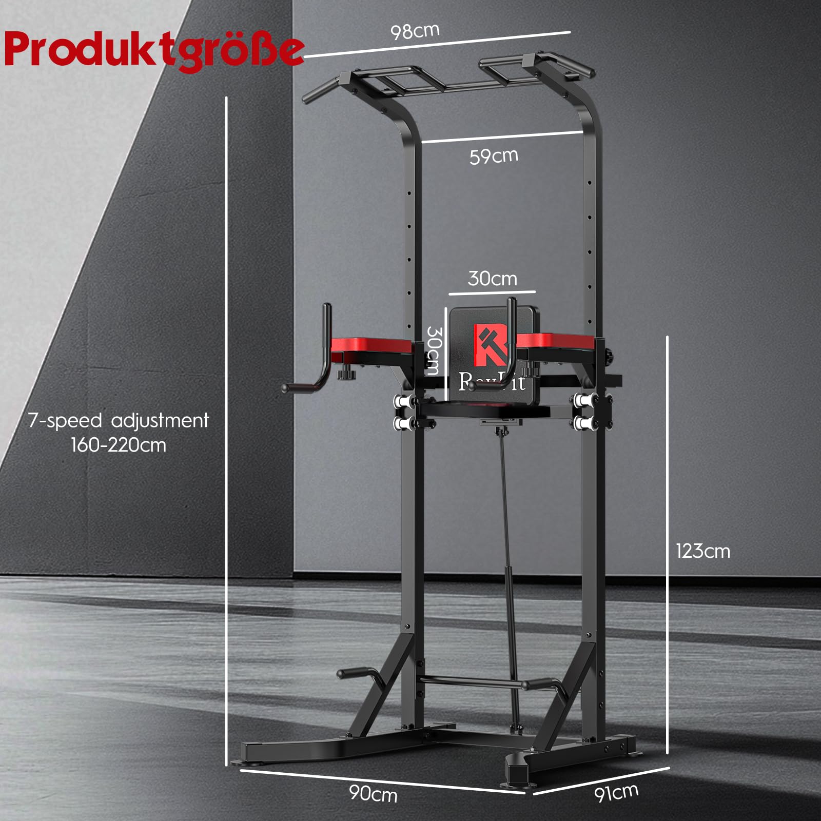 Power Tower mit Klimmzugstange freistehend – höhenverstellbare Dip Station (160–220 cm) mit Rückenstütze & Hydraulik – Erwachsene & Jugendliche Kraftstation für Zuhause