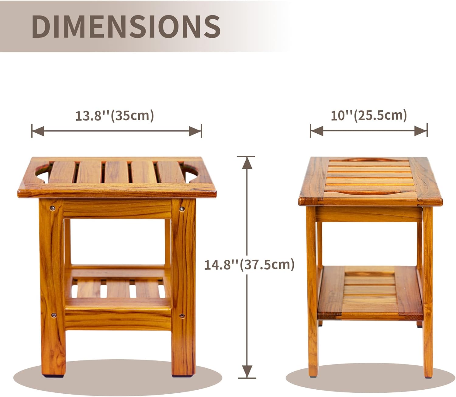 Utoplike Teak Shower Stool, Compact Shower Bench with Shelf & Handle, Foot Rest for Shaving Legs, 2-Tier Small Wooden Bath Seat with Non-Slip Feet for Bathroom, Bathtub, or Outdoor Use