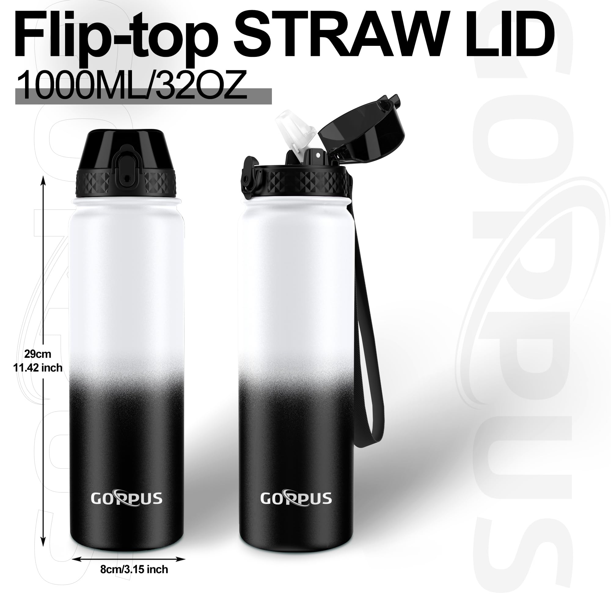 GOPPUS 1L/32oz Stainless Water Bottle with Straw Double Wall Insulated Bottles with Strap Reusable Vacuum Thermal Flask Leakproof Keep Cold Drinks Bottles with Flip Top Lid for Gym Men Women BPA Free - Image 4