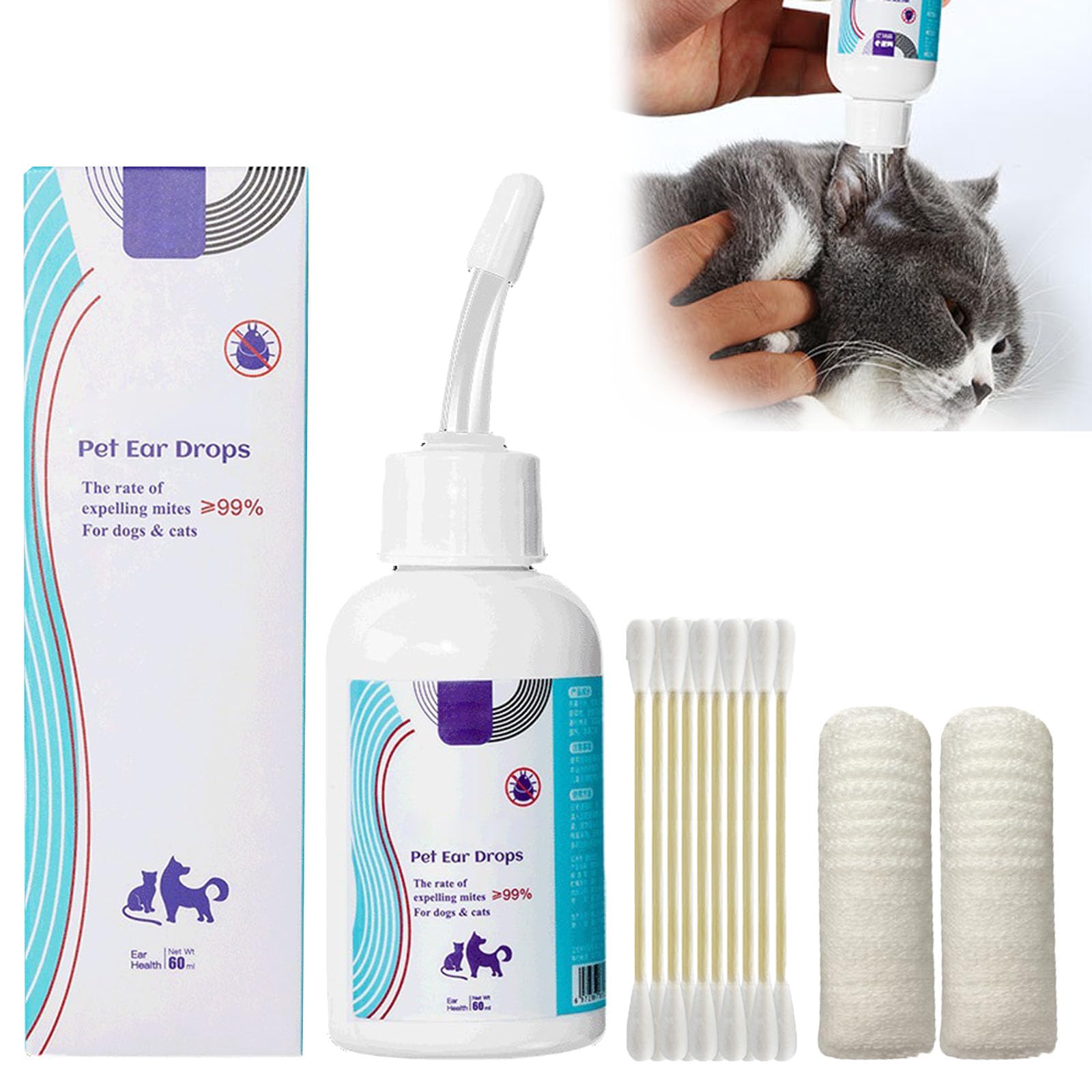 60 ml Limpiador de Oidos para Perros, Mascotas Limpiador de Orejas, Limpiador Oidos Perros, Limpiador oidos Gatos, Limpiador de Oídos para Perros y Gatos, Natural Limpiador de Oidos para Perros