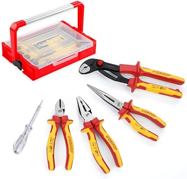 5PCS VDE Insulated Pliers Tool Set,1000V Insulated Electrical Tools Kit,Includes 190mm Combination Plier, 165mm Diagonal Cutter, 210mm Long Nose/280mm Water Pump Plier & Voltage with Box