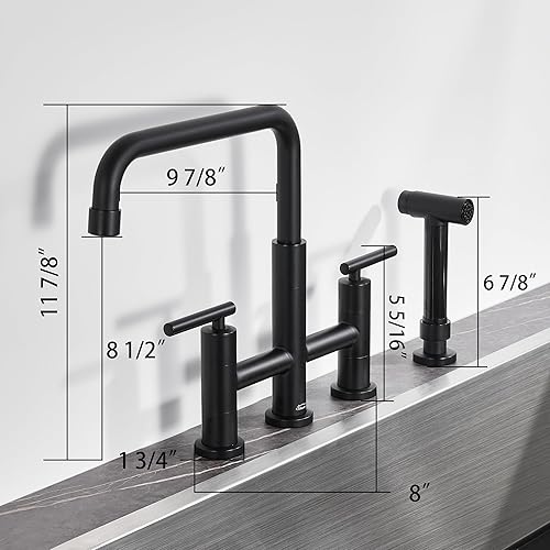 Miniatura 2 de Grifo de cocina dorado cepillado con rociador lateral, grifo de 2 manijas para fregadero de cocina, grifo de fregadero de cocina de 4 agujeros con