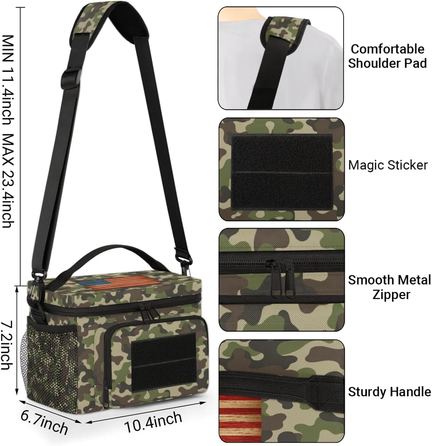 cfpolar Tactical Lunch Box for Men, Green Camo Camouflage Insulated Lunch Bag Adult, Small Lunch Pail Leakproof Waterproof Cooler Bag, for Work Outdoor Beach Camping Travel, 12 Cans/7