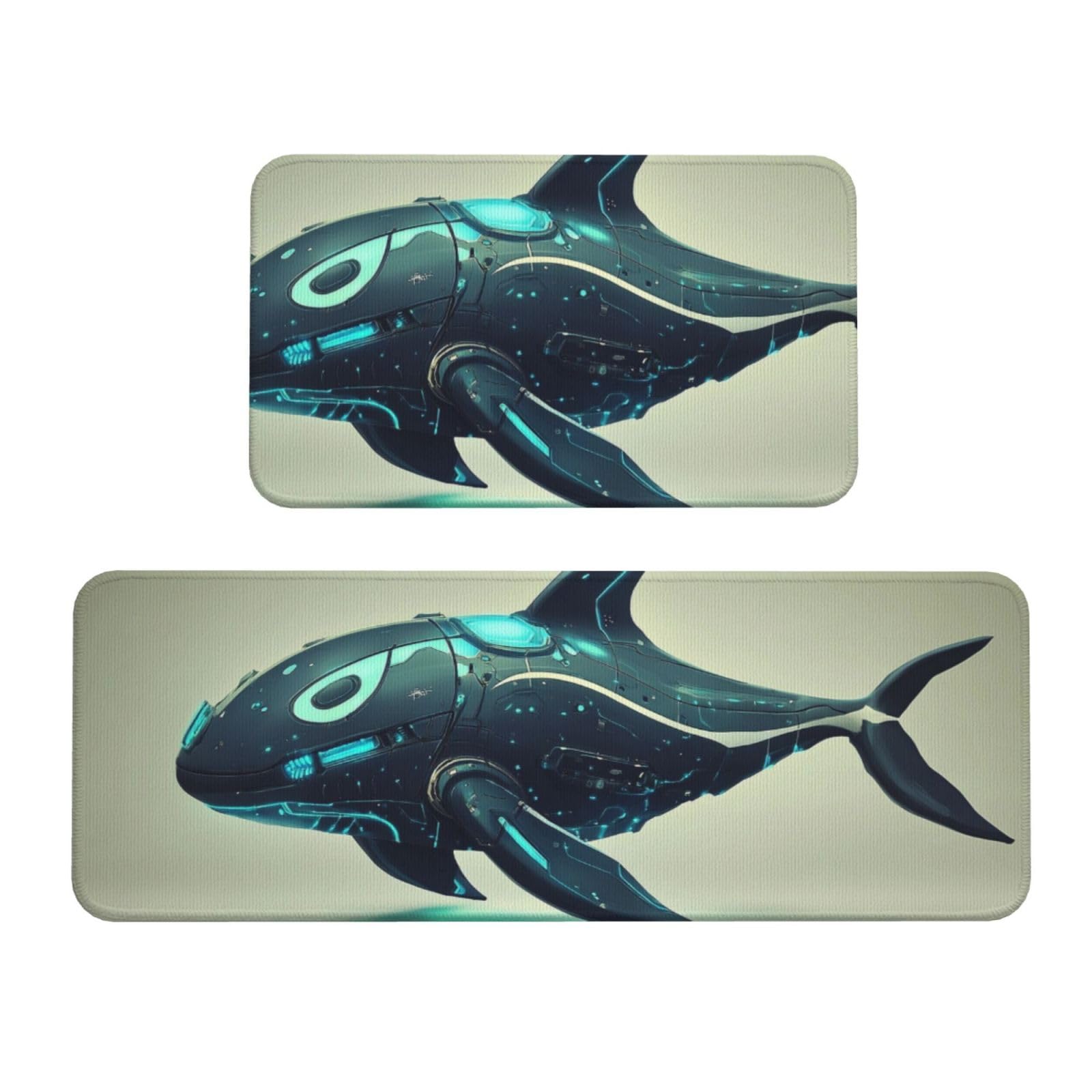 Tapetes de cocina acolchados con diseño de delfines mecánicos azules y negros antideslizantes
