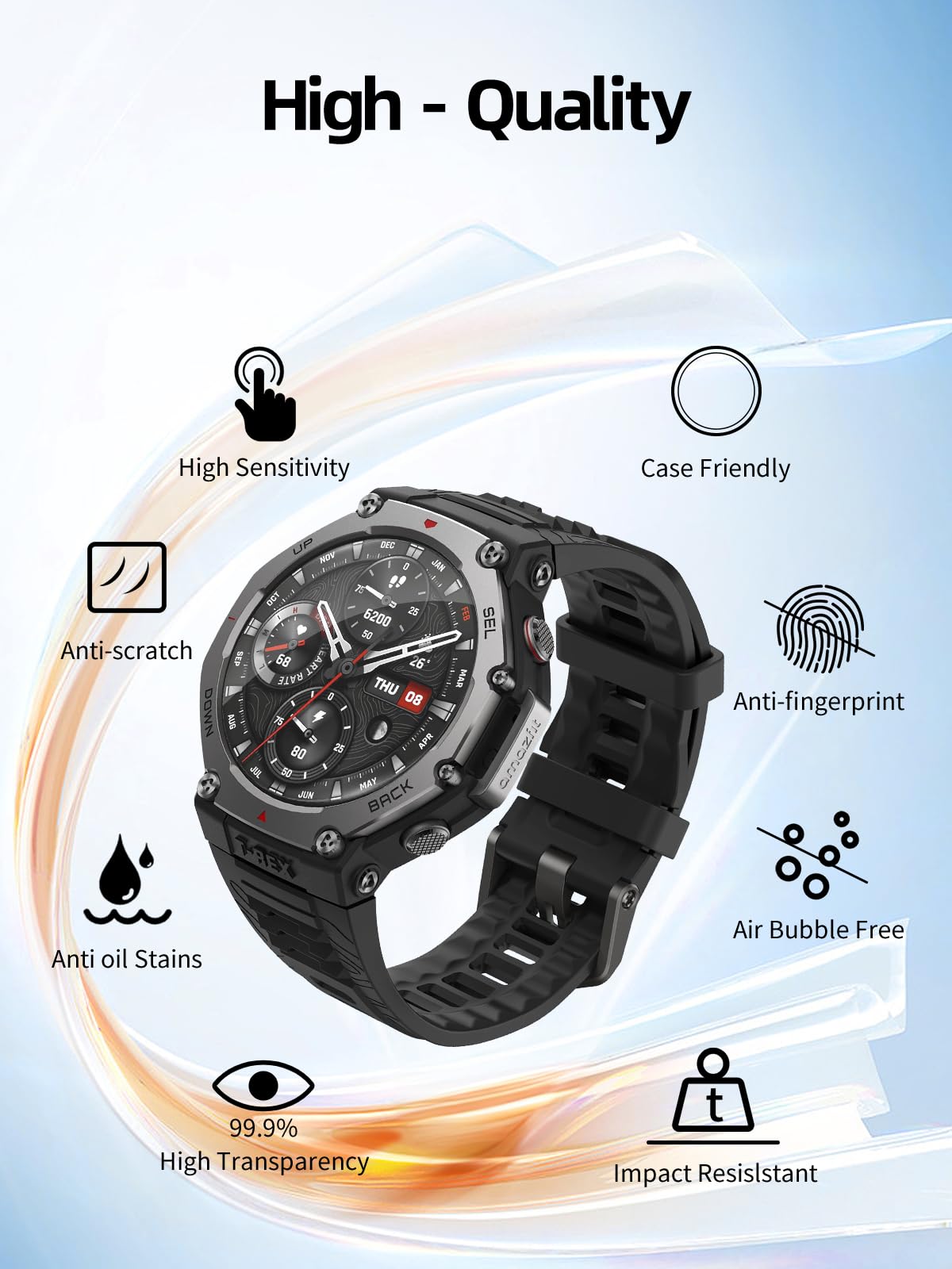 BOVUGAC Folia ochronna ze szkła hartowanego do Amazfit T-Rex 3, kompatybilna z Amazfit T-Rex-3 48 mm, Smartwatch, odporna na zarysowania, odporna na upadki, 3 sztuki w opakowaniu