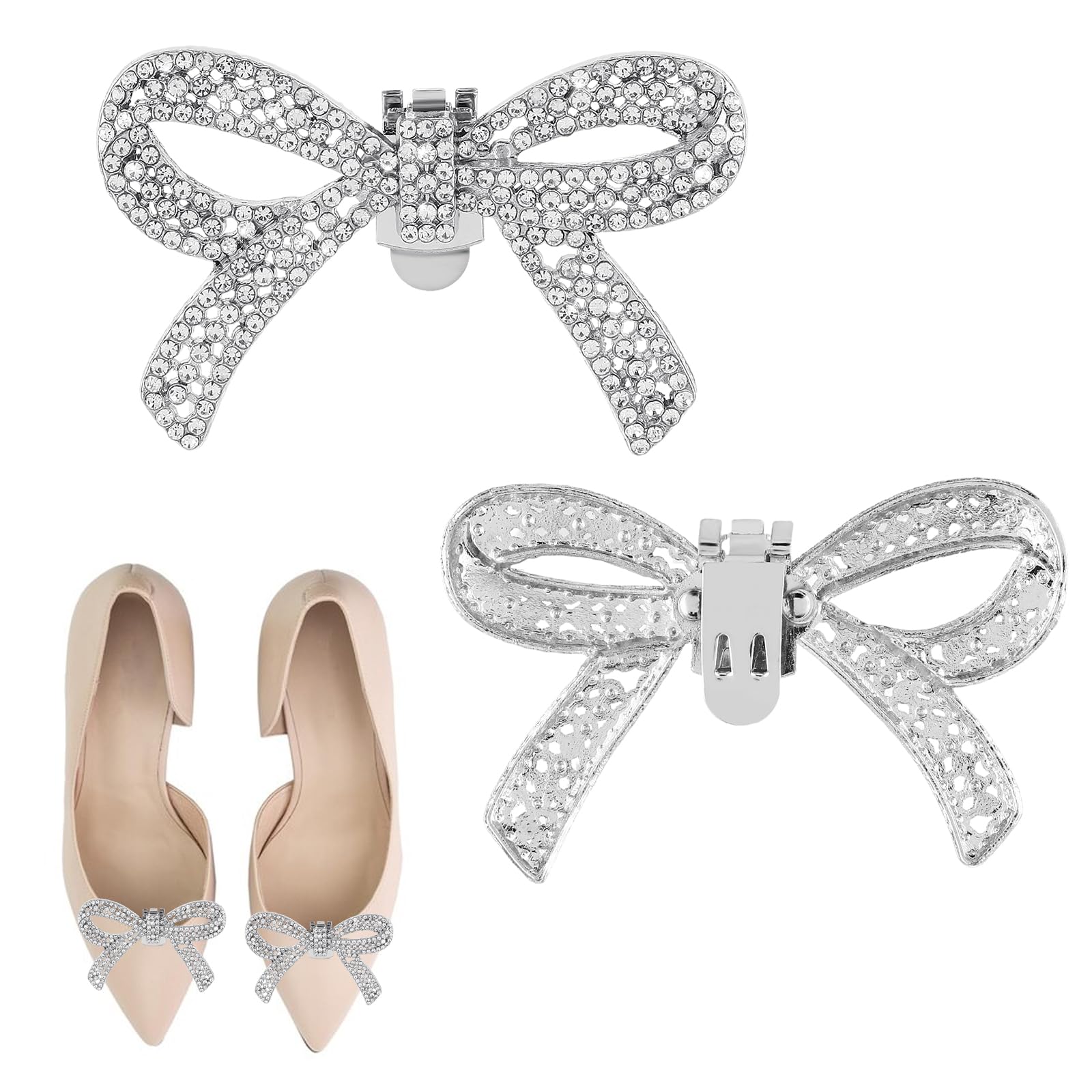 Ptwola1 Pair Women Removable Rhinestone Shoe Clips, Elegant Crystal Bow Detachable Shoe Buckles Vinage Sparkling Heels Shoe Charms Accessories Bridal Clutch Wedding Party Decoration