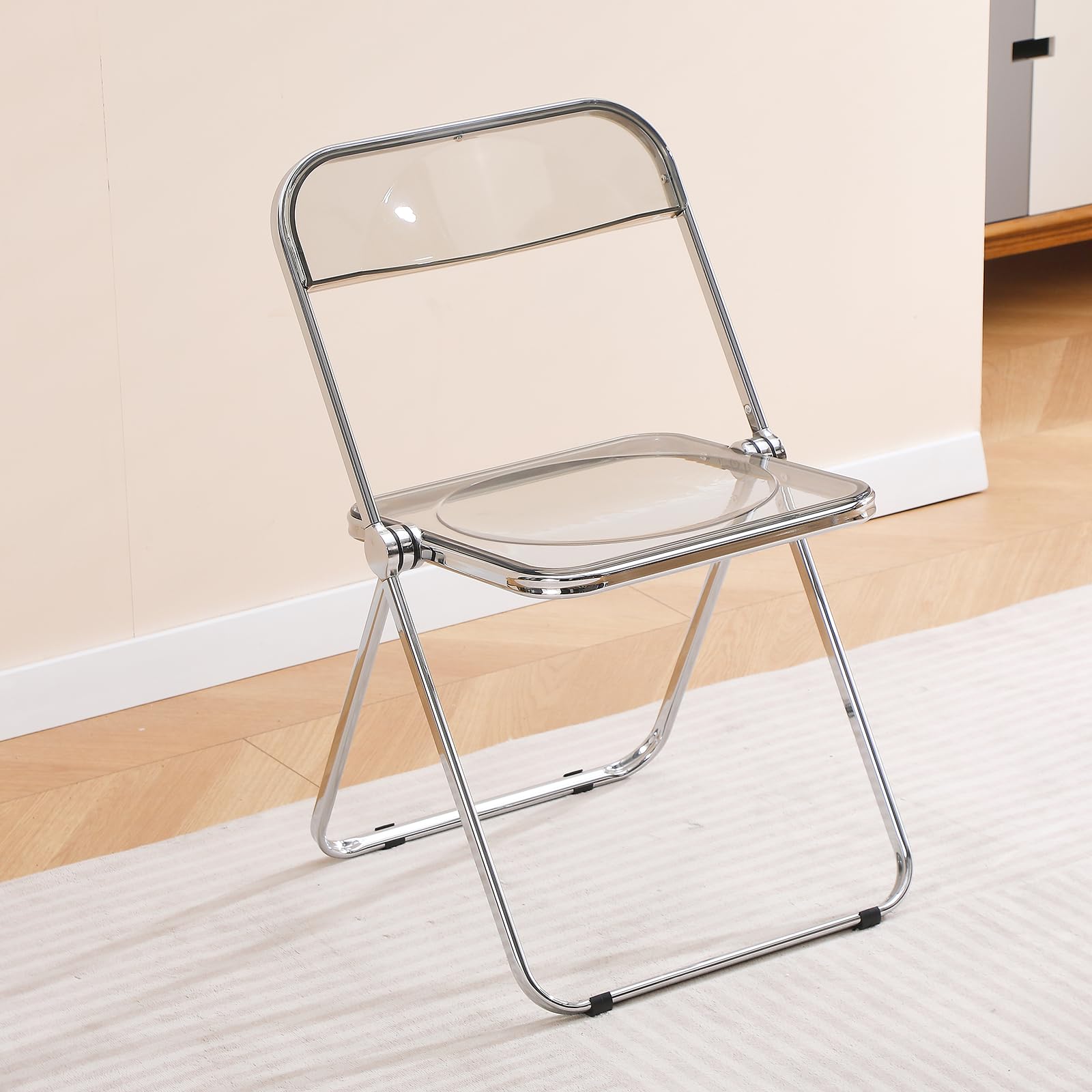 Chaise Pliante Acrylique Chrome Modèle, Siège Transparent, Gris | Acrylique anti-rayures, cadre chromé solide, pliable et empilable, convient salle à manger, salon et petit espace