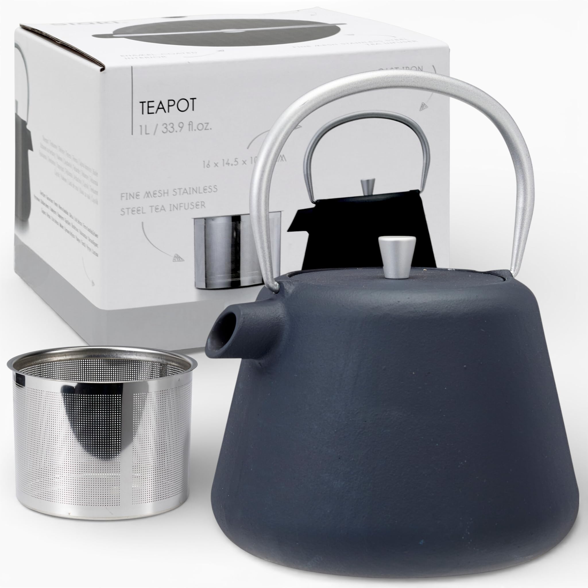 MIJOMA Tetera de hierro fundido, 1 L, filtro de acero inoxidable 304 y esmalte interior, mango ergonómico, ritual de alquitrán para el hogar
