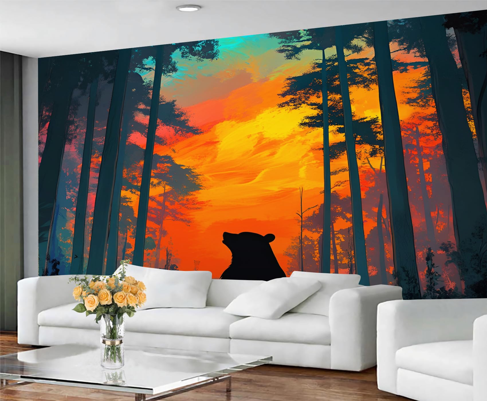GIVLWF Natural Forest Wallpaper, Sunset Landscape Bedroom Wallpaper, Not Self Adhesive Wall Paper for Living Room, Woodland Bear Wall Mural - Large Home Decor 350x250 cm