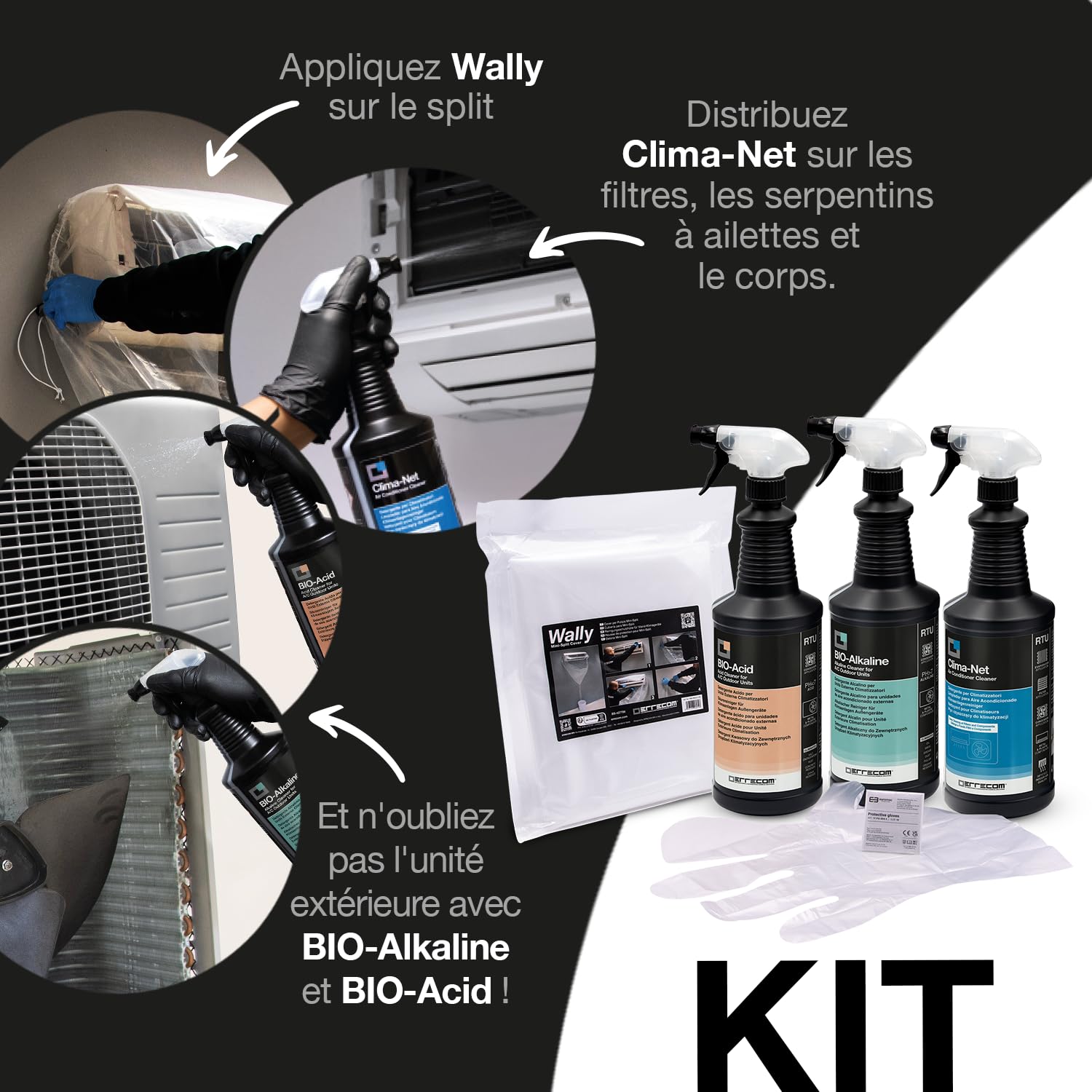 Errecom Kit nettoyage complet climatisation, avec Clima-Net 1L et housse Wally pour unité intérieure et filtres, Bio-Acid et Bio-Alkaline 2L détergents pour unité extérieure, gants