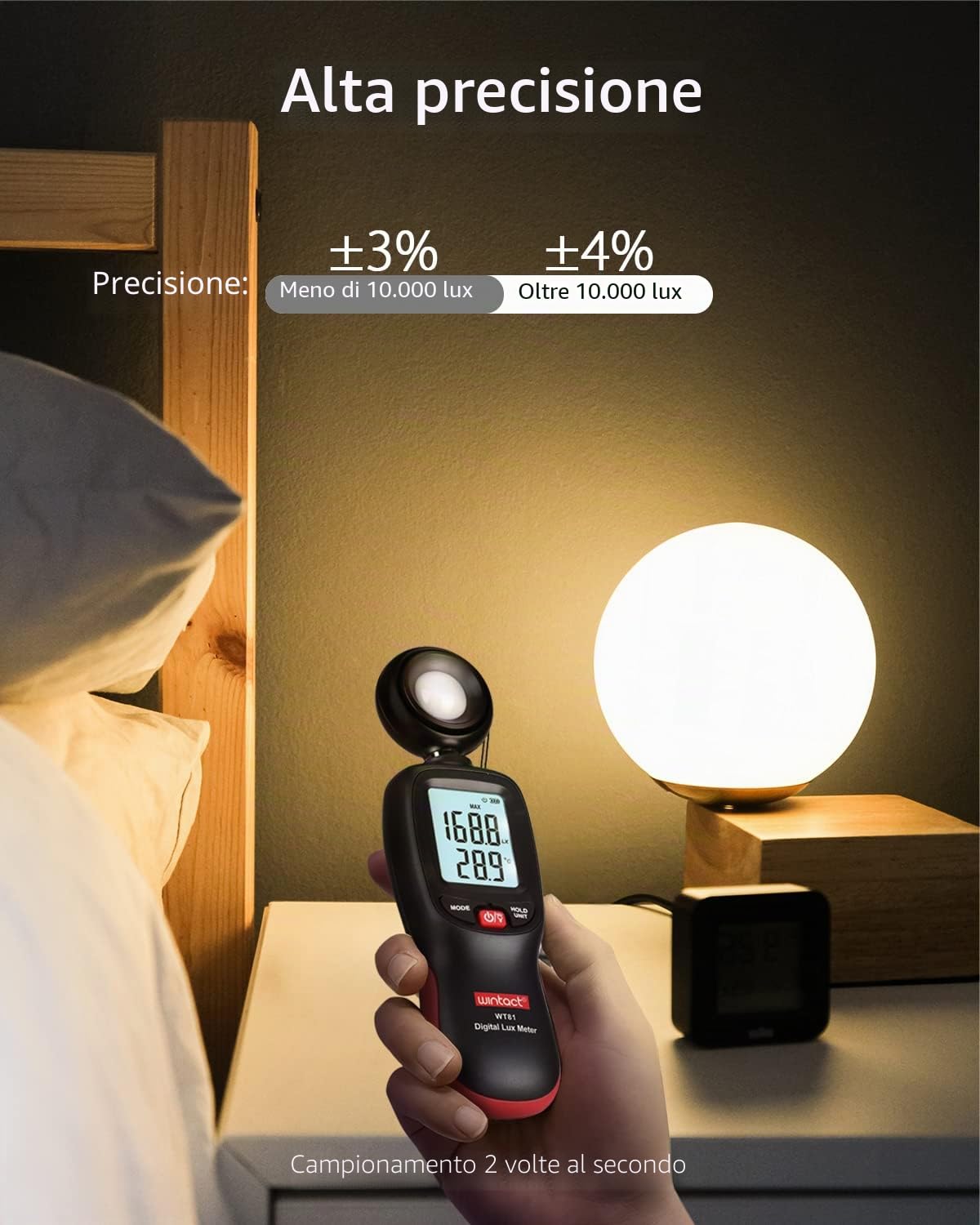 Wintact Misuratore di luce digitale palmare con termometro ambientale, gamma Lux Meter fino a 200.000 lux, fotometro test di rilevamento dell'intensità della luce per piante da interno da giardino LED