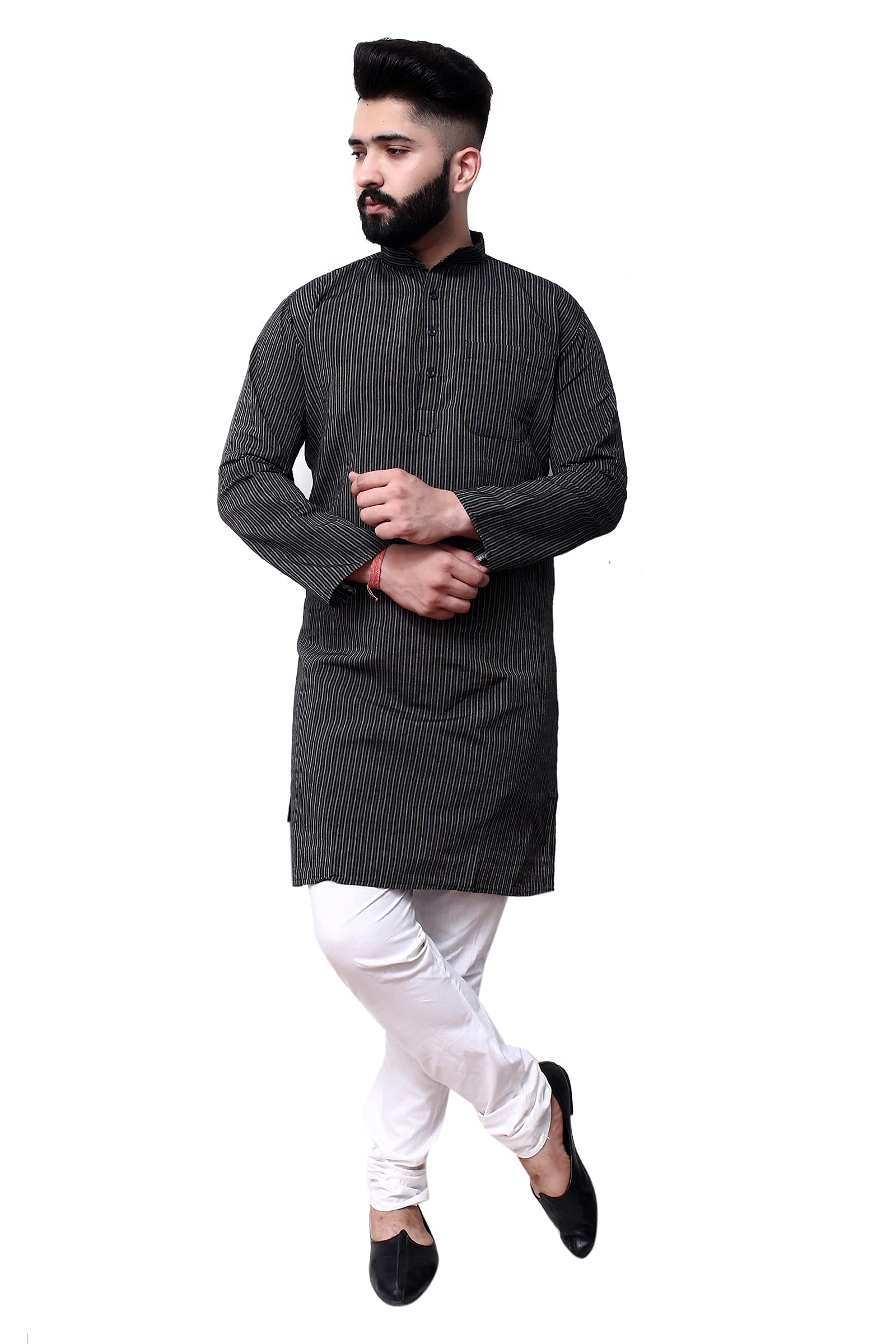 BIBO Handloom Khadi Cotton Black Color Traditional Men's Full Sleeve Long Kurta with Stripes Design Regular Fit and Round Collar, XL