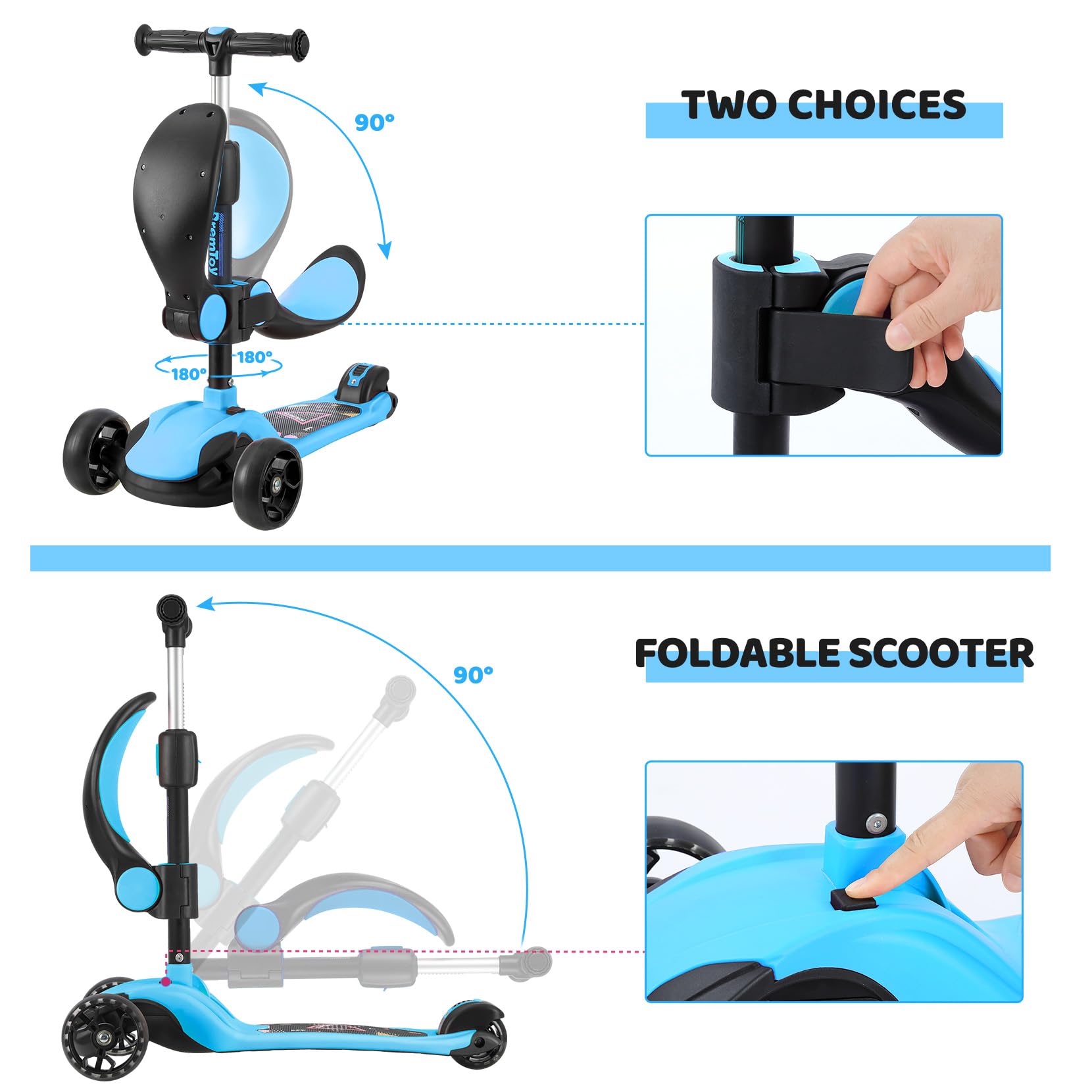 BremToy Patinete para Niños de 1 a 12 Años, Ajuste de Altura Infinito, Patinete con Asiento Extraíble, 3 Ruedas Brillantes LED, Carga Máxima 50KG, Regalos para Niños