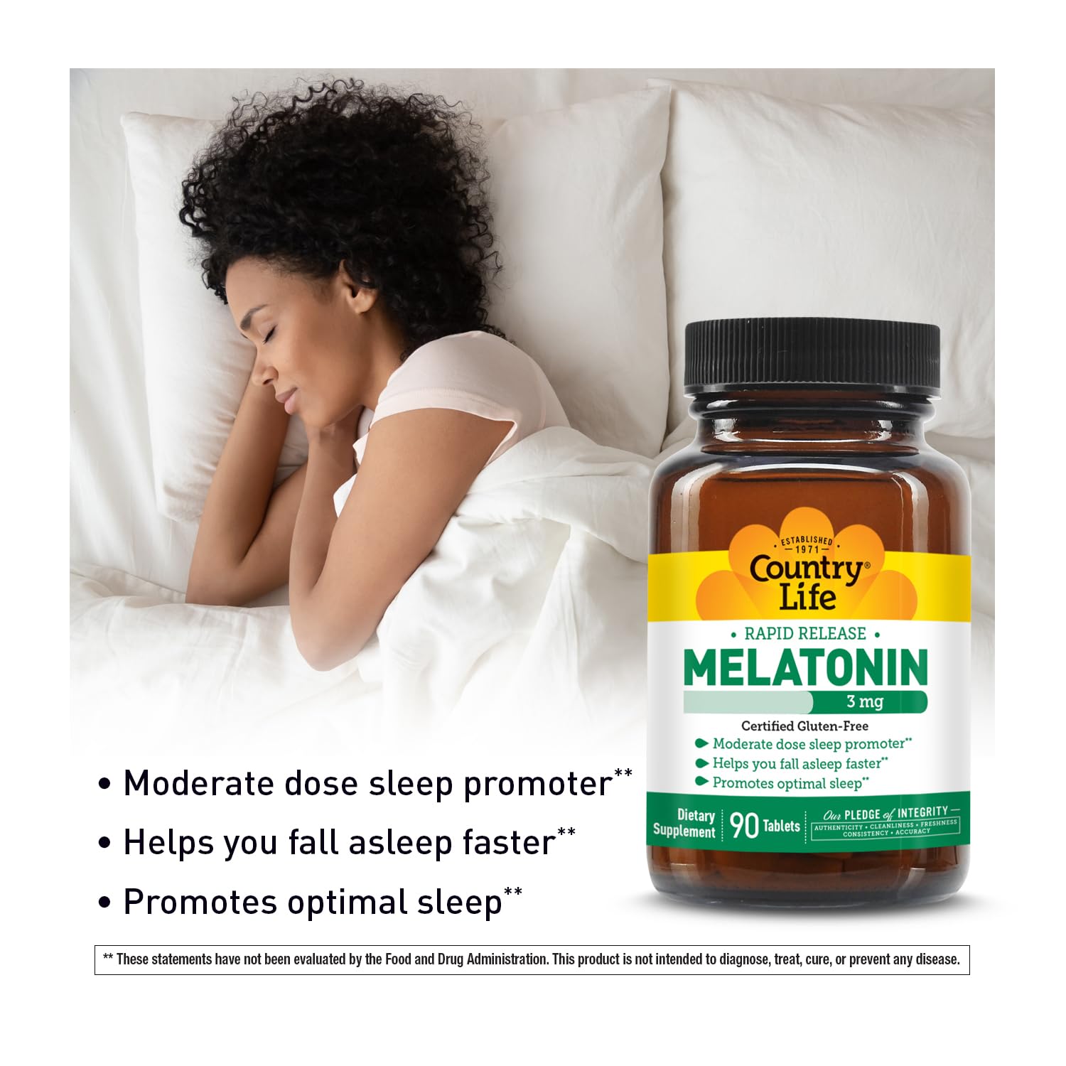 Country Life Melatonin Sleep Aid 3mg - Non-GMO, Gluten-Free, Vegan - Rapid-Release, Fast Dissolve Tablets for Optimal Sleep - No Yeast, Corn, Wheat, Soy - Pure, Authentic Ingredients — Amazon image 3