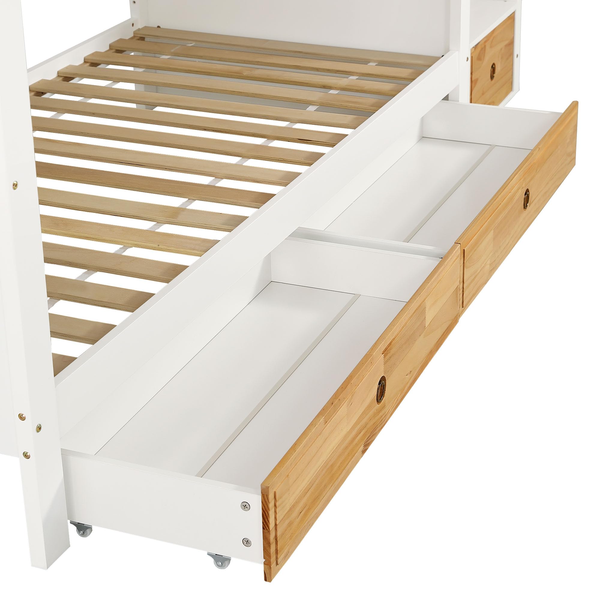 Idemon Letto a castello con scale, lavagna, mensole e scaffali, telaio in legno di pino e MDF, lettino con 4 armadietti nelle scale, con griglia anticaduta e 2 cassetti, bianco+naturale, 90 x 200 cm