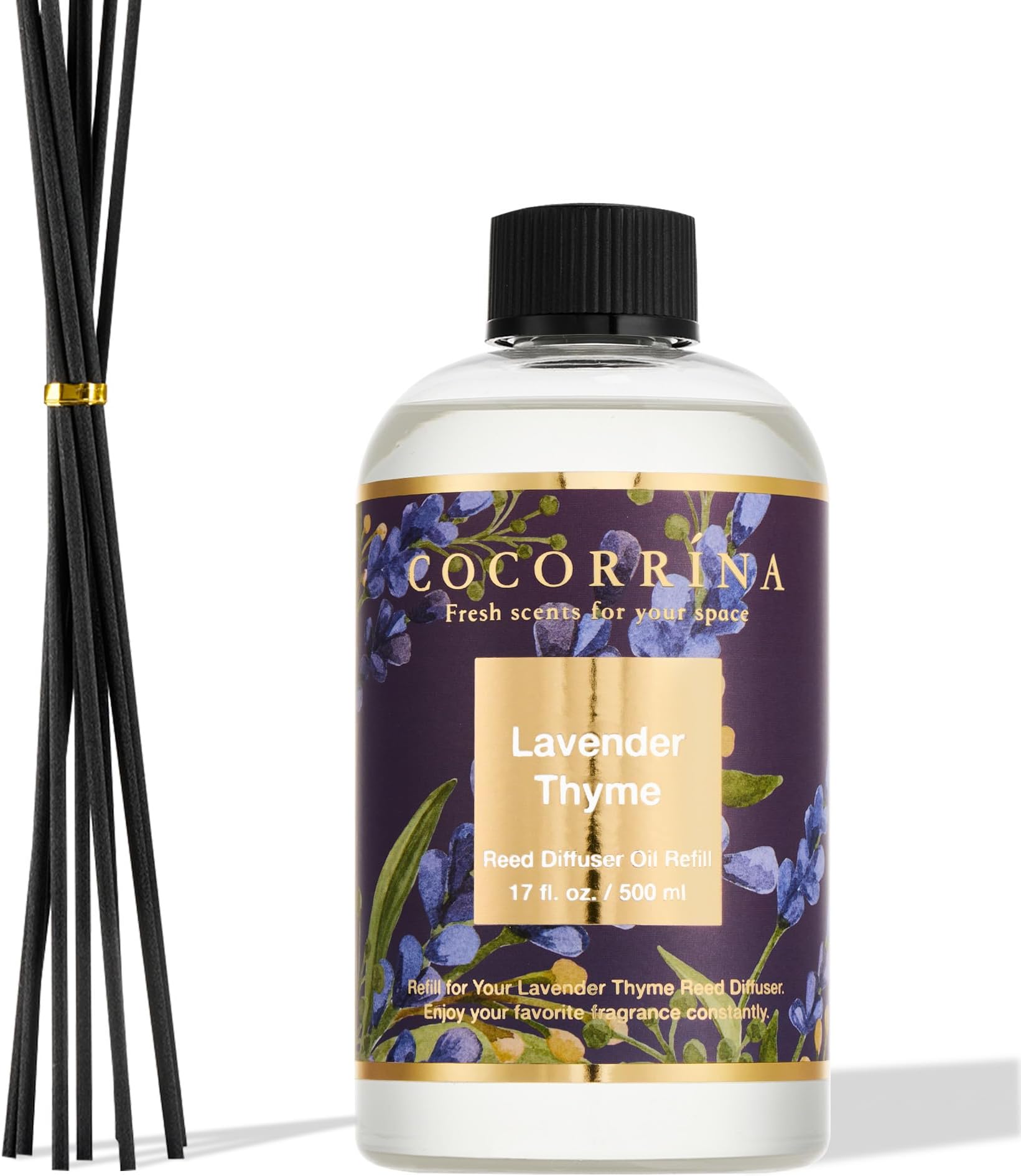 COCORRÍNA Reed Diffuser Refill with 8 Sticks, Lavender Thyme 500ml Scented Oil Refill for Reed Diffuser Home Fragrance for Bedroom, Bathroom Office Home Décor