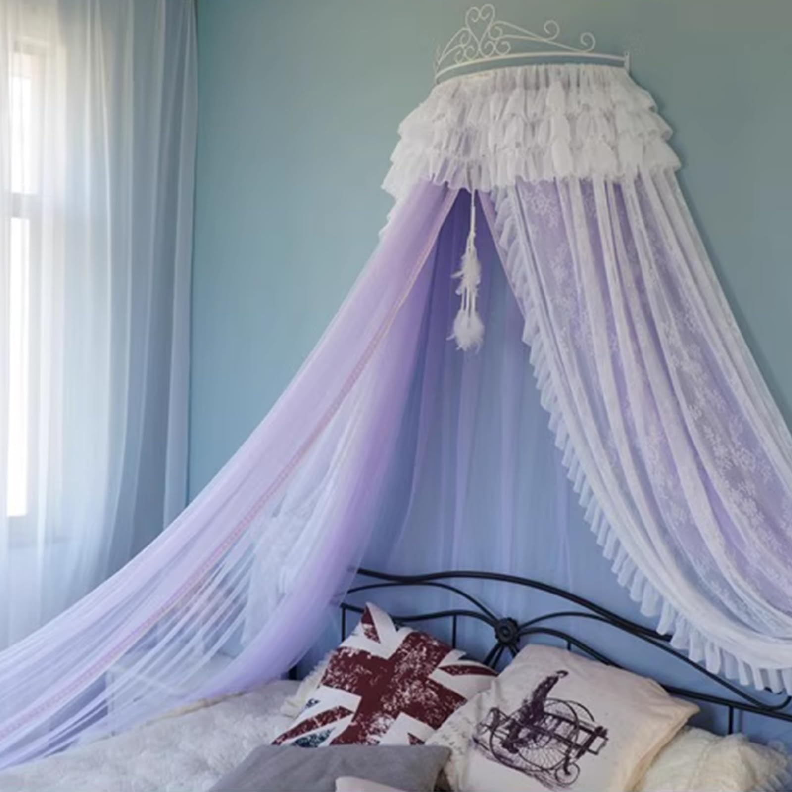 GJMSSMY Lace Bed Canopy, Wall Metal Crown Princess Bed Curtain Court Mosquito Net with Decorative Drapery, Double Layer Netting Reading Nook Canopies for Bedroom