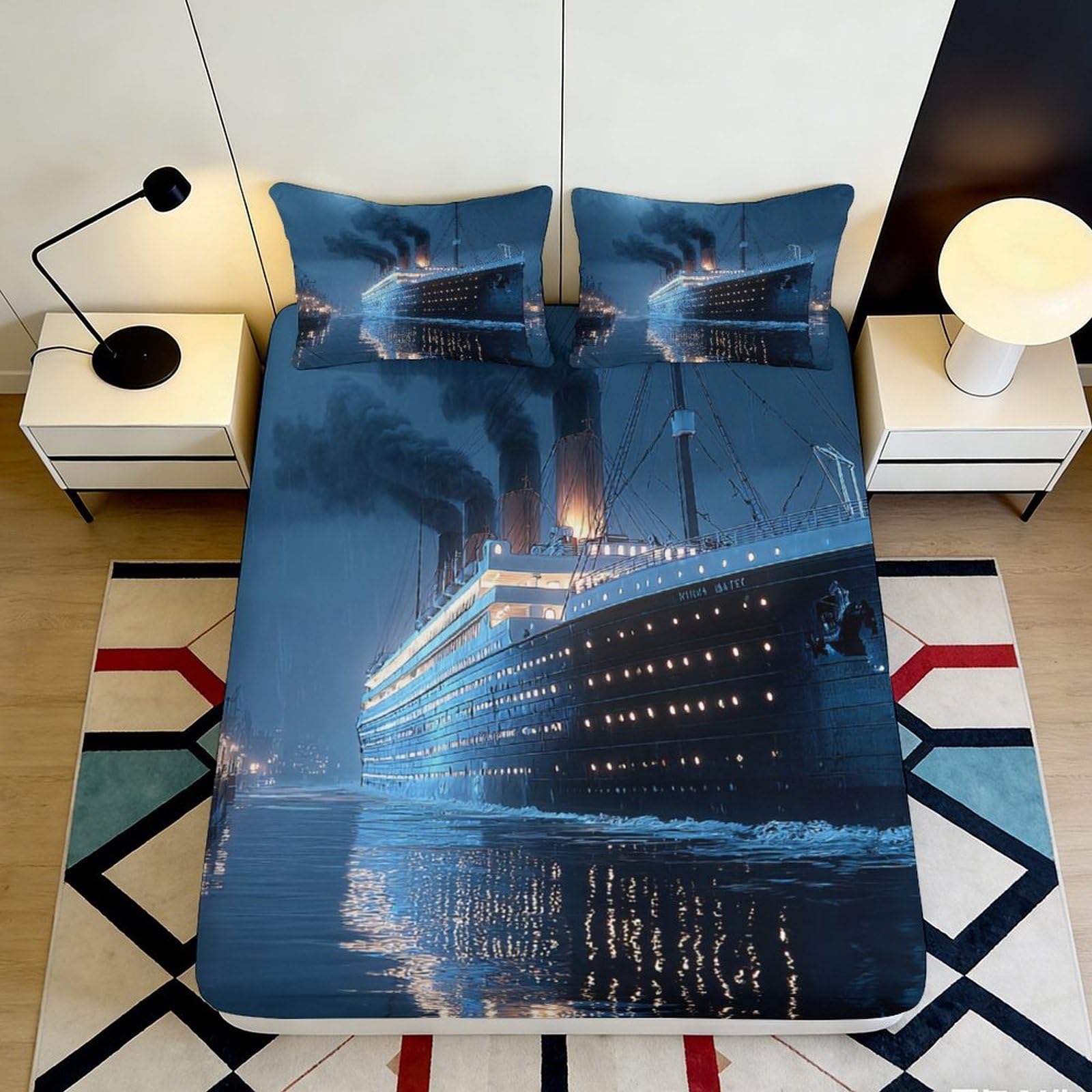 3D Printed Titanic Night Scene Fitted Sheet Microfiber Soft Breathable Ocean Ship Bed Cover for Bedroom Guest Room Decor 90x200x25cm