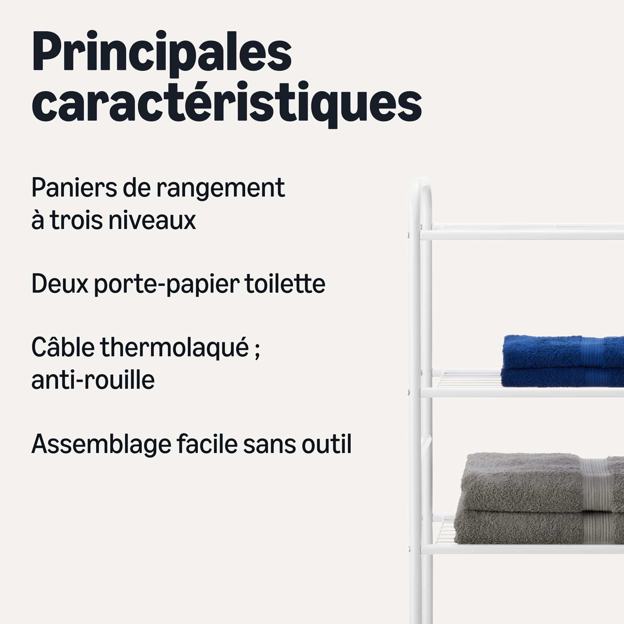 Amazon Basics Etagère sur WC pour Salle de Bain à 3 Niveaux avec Support pour Papier Toilette, 35 x 81 x 165 cm, Blanc