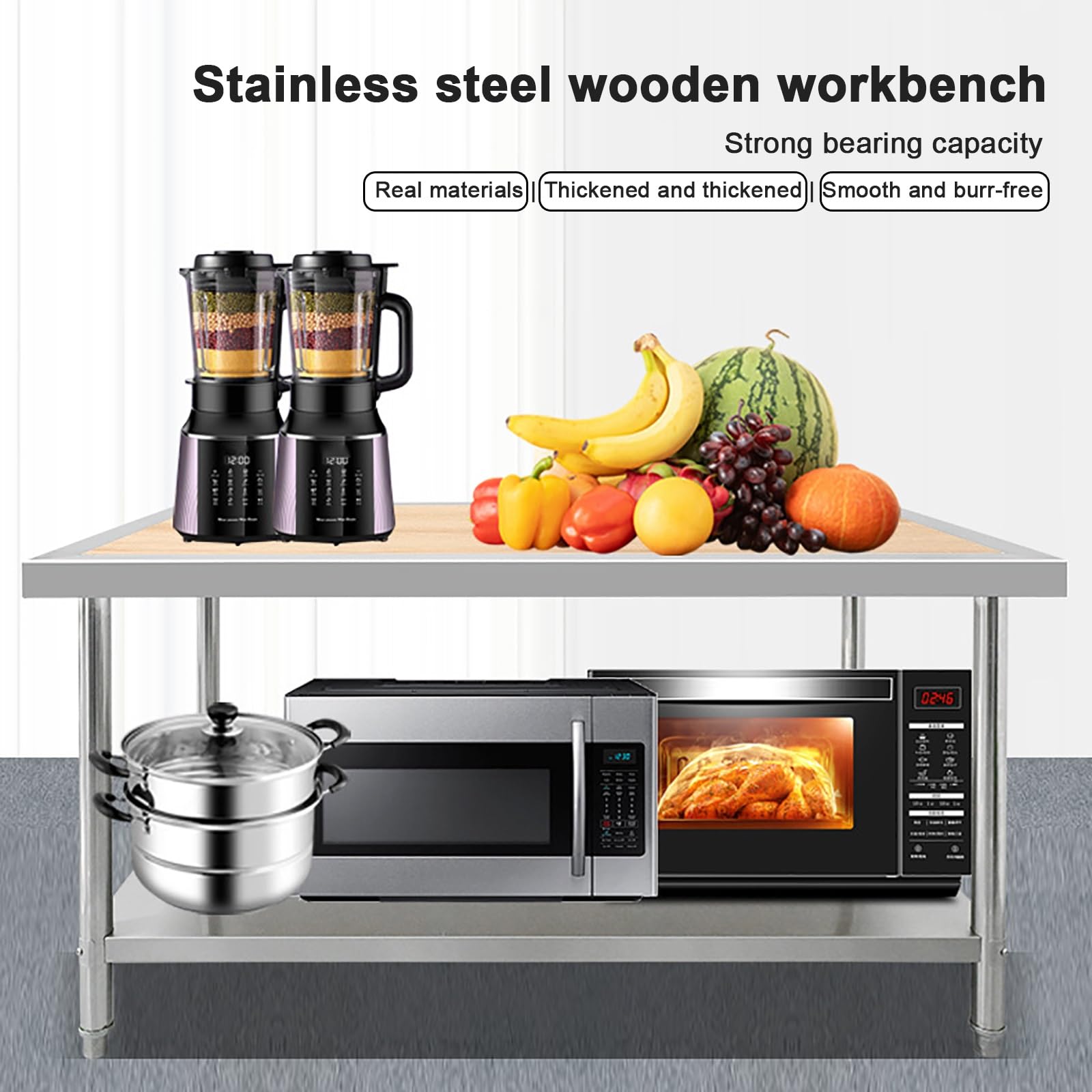 Mesa de preparación de Acero Inoxidable con Tablero de Madera, Altura Ajustable, Capacidad de 1500 LB, Isla de Cocina para Restaurante, hogar y Hotel (tamaño: 120 * 60 * 80 cm/47,2 * 23,6 * 31,5 pul