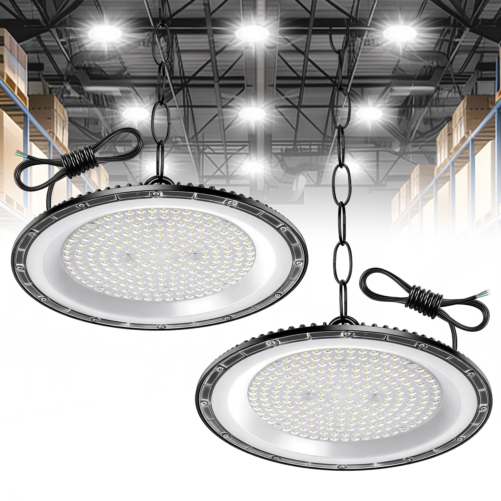 papasbox 2 PCS 300W UFO LED High Bay Light, 30000LM UFO led Workshop Light, Cold White 6500K Bright Workshop Lighting, IP65 Waterproof Industrial lamp high Bay for Factories, Garage, Warehouse