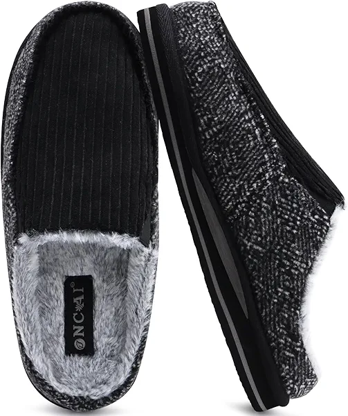 ONCAI Mens Slippers with Arch Support Stripe Faux Fur Cotton-Blend High-Density Memory Foam Warm House Slippers for man Slip-on Indoor Outdoor Rubber Sole Size 7-16