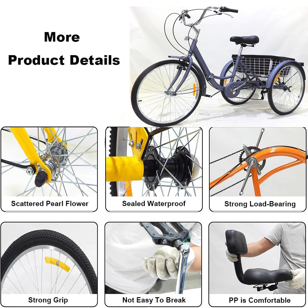 Triciclo da passeggio per anziani e adulti a 3 ruote, pneumatici larghi da 20", sedile regolabile, capacità di carico 130 kg, ideale per trasportare la spesa e per pedalare agevolmente all'a