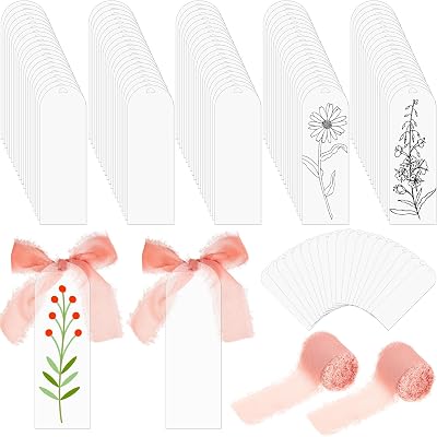 Yeaqee 100 Pcs Acrylic Bookmark Blanks Clear Bookmarks Acrylic Tags with 2 Rolls Ribbon DIY Craft Transparent Bookmark for Reading Lovers for School Presents(5.9 x 2 Inch,Dusty Pink)