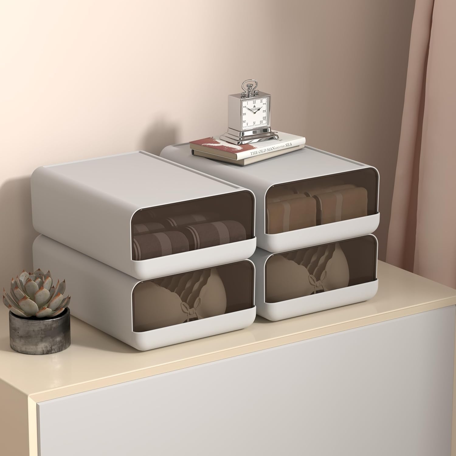 2pcs Underwear Organizer Drawer, 10 Cells Plastic Sock Underwear Storage Drawer, Stackable Closet Organizers and Storage Box for Bras, Socks, Scarves, Ties, Belt