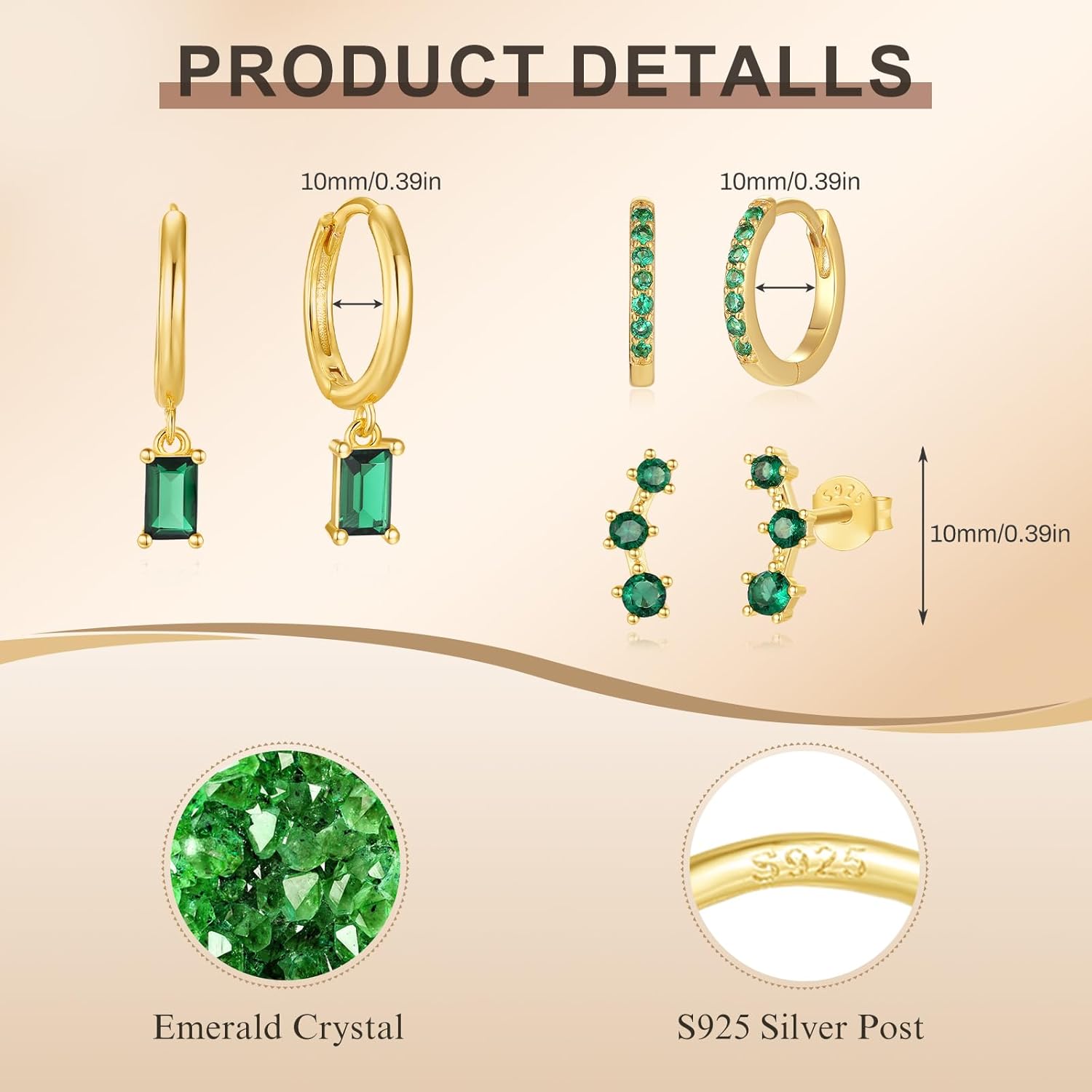Sterling Silver Hoop Earrings Set for Women, 14K Gold Plated|Silver Blue|Emerald Green Shiny CZ Earrings Set, Hypoallergenic Earring for Sensitive Ears, No tarnish No Lead - Image 3