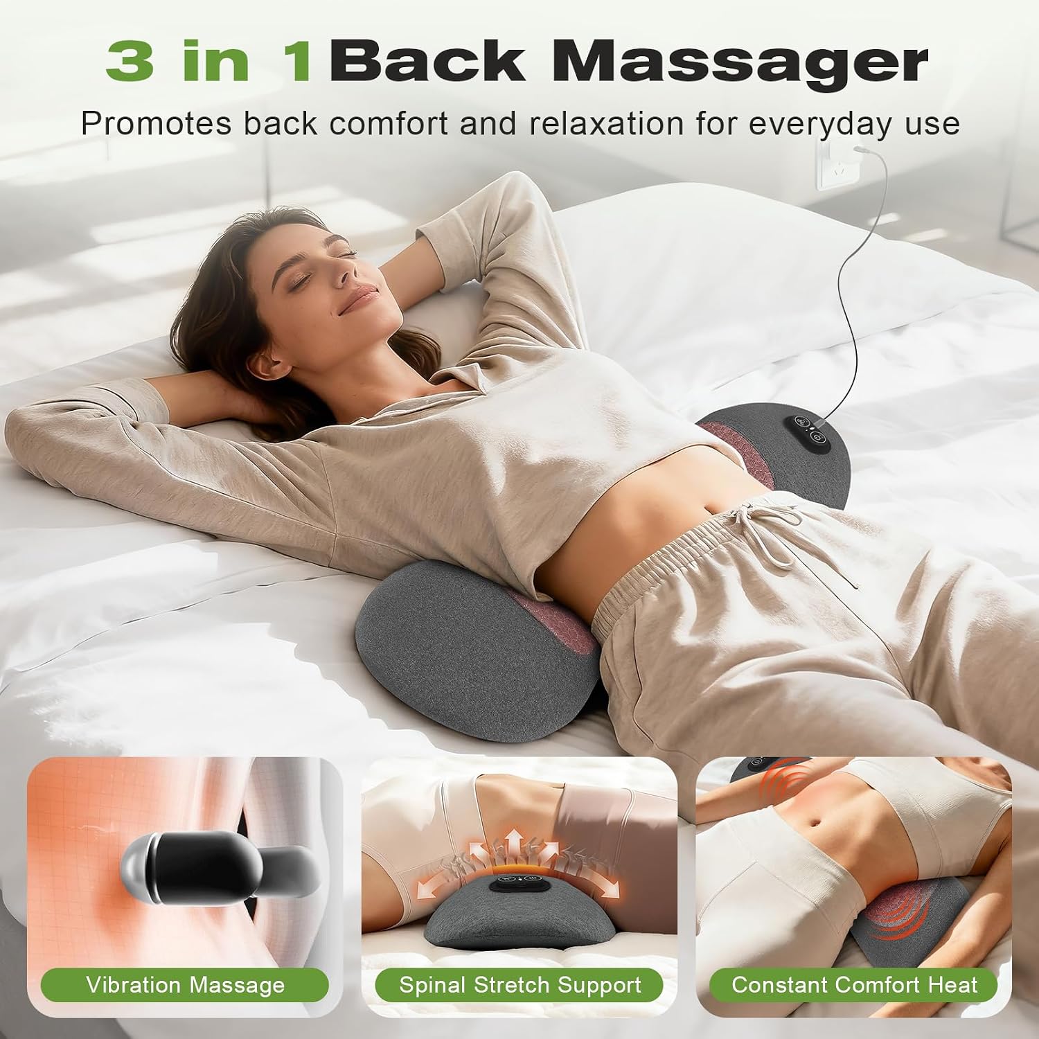 3 in 1 Electric Lumbar Support Pillow with Heat, Vibration & Traction – Adjustable Triple Fusion Back Massager for Lower Back & Sciatica Pain Relief, Deep Tissue Relaxation, Memory Foam Cushion