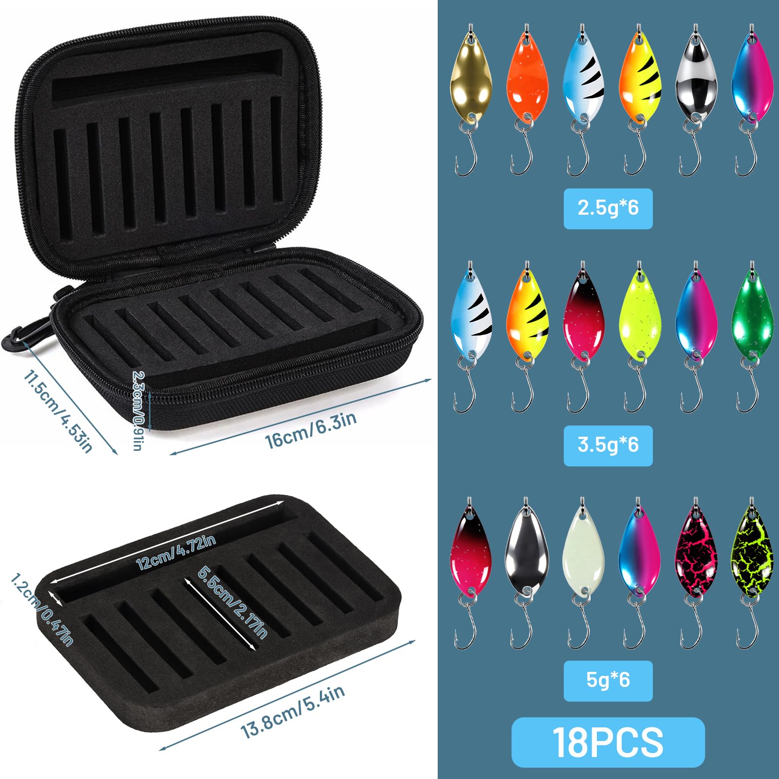 Esche Artificiali Spinning,18 Pezzi Cucchiaini da Pesca Esche,Cucchiaini Pesca da 2,5 g/3,5 g/5 g,Esche da Pesca con Borsa Portatile per Trota,Persico,Luccio