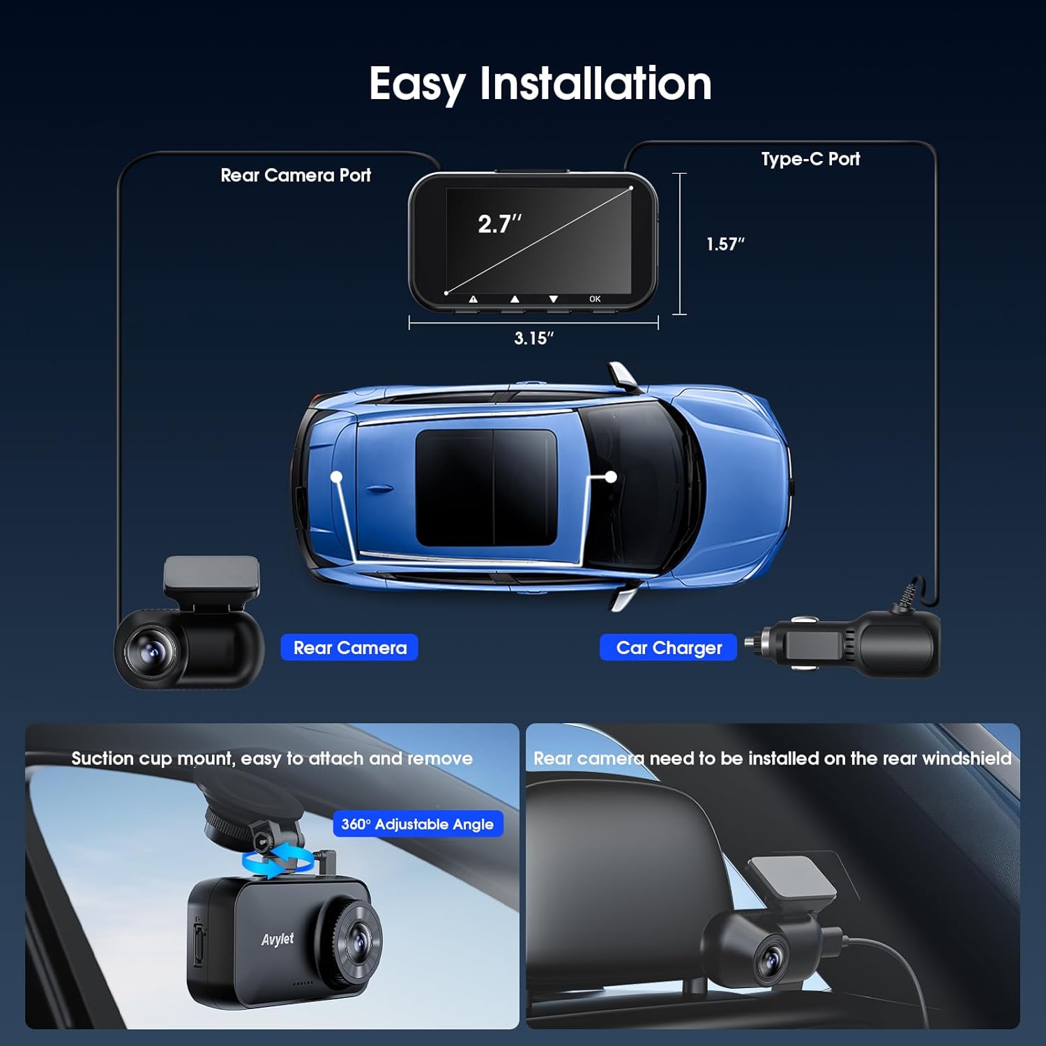 Diagram showing easy installation of front and rear dash cameras with cable routing