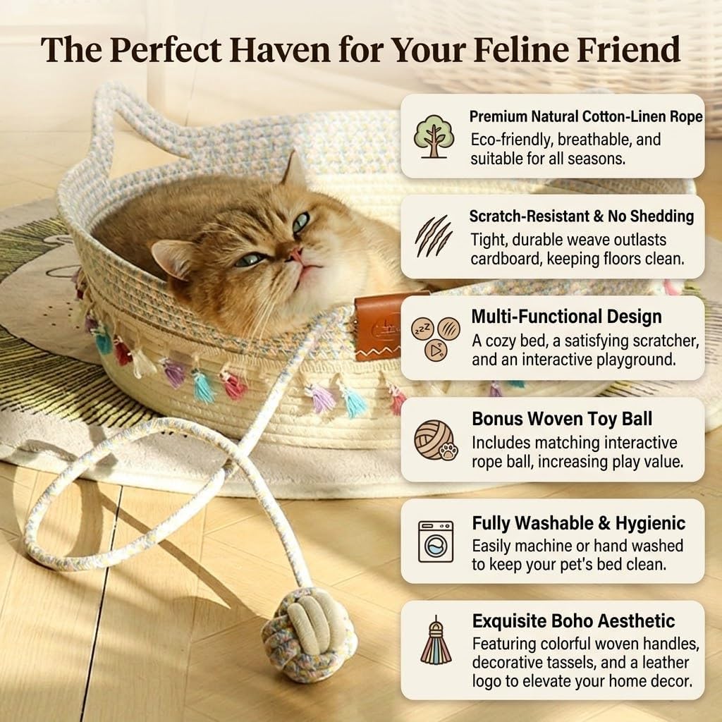 Large Cat Bed Basket Round Cotton Rope Woven,Cat Bed for Indoor with Toy Ball, Suitable for Small and Medium Pets, 18.9" L x 18.9" W x 6" Th (with Tassels)