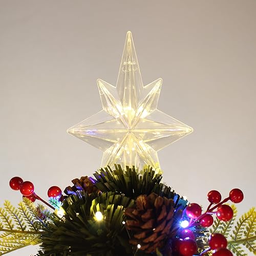 Miniatura 3 de Árbol de Navidad falso de fibra óptica preiluminado de 5 pies con 184 luces LED, 180 puntas de rama, 26 juegos de piñas y bayas rojas, 8 modos de